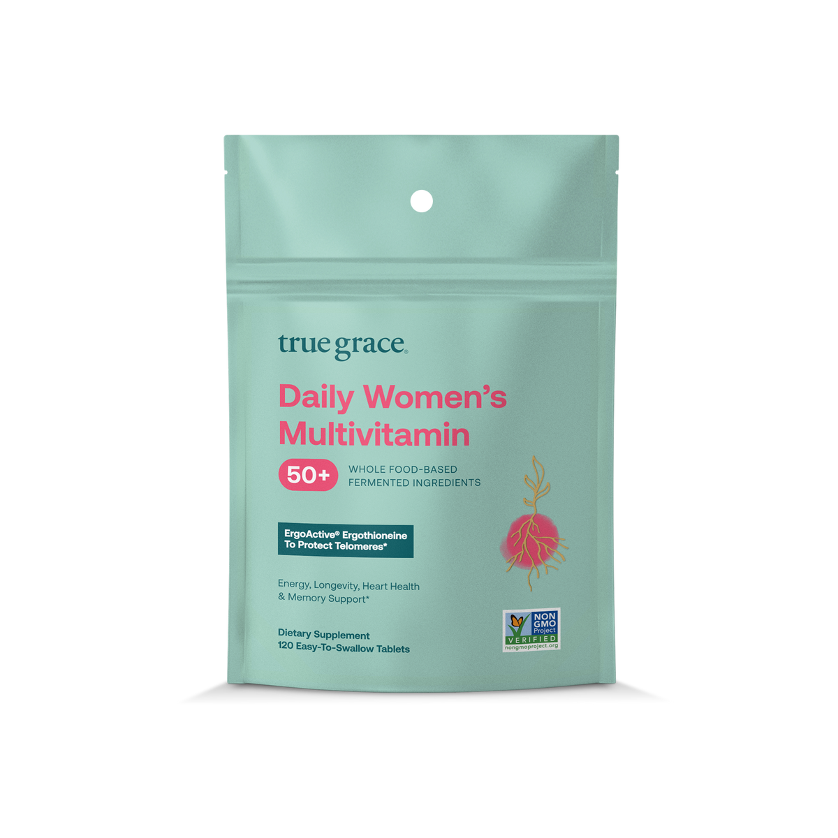 truegrace multivitamin supplement pouch, clear-top bag with mint-green and pink text