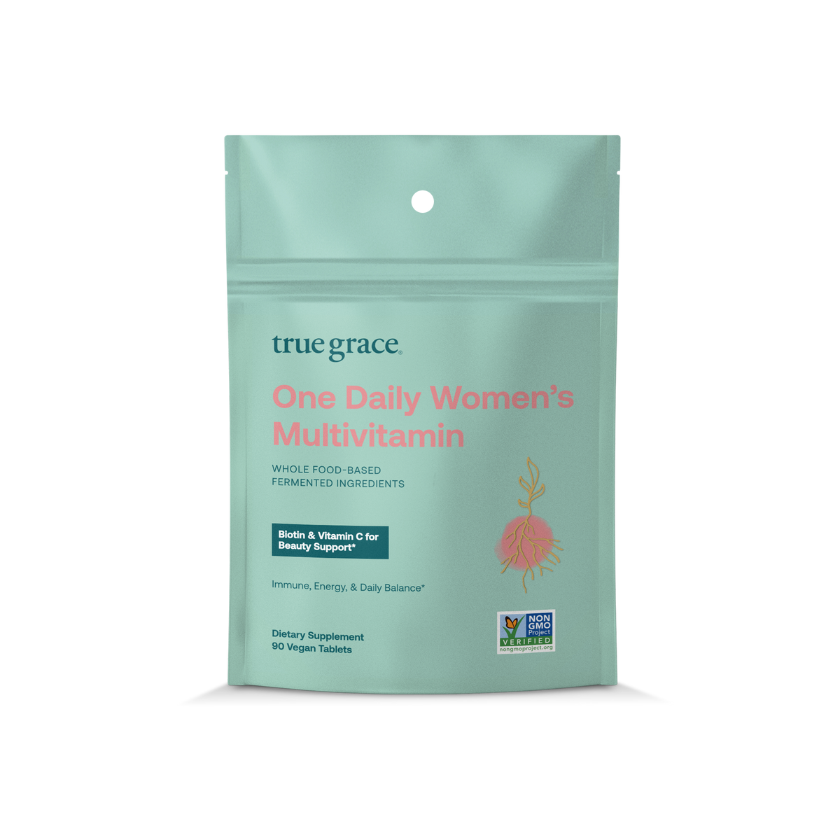 True Grace One Daily Women’s Multivitamin pouch, mint color, front label visible
