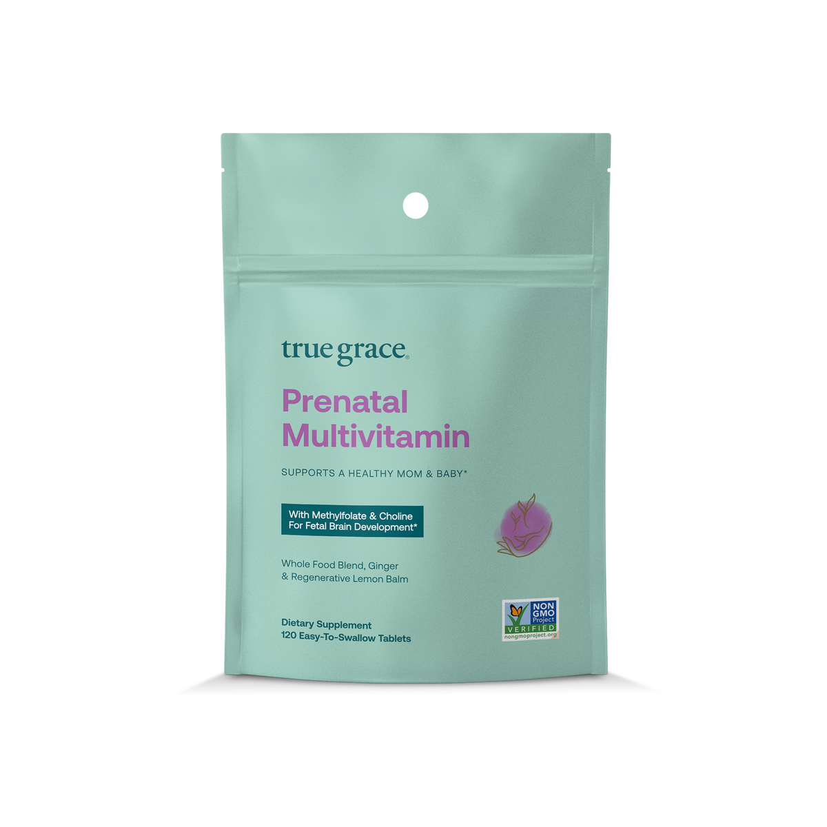 Prenatal multivitamin bottle back panel with mint cap and true grace ingredient highlight text.