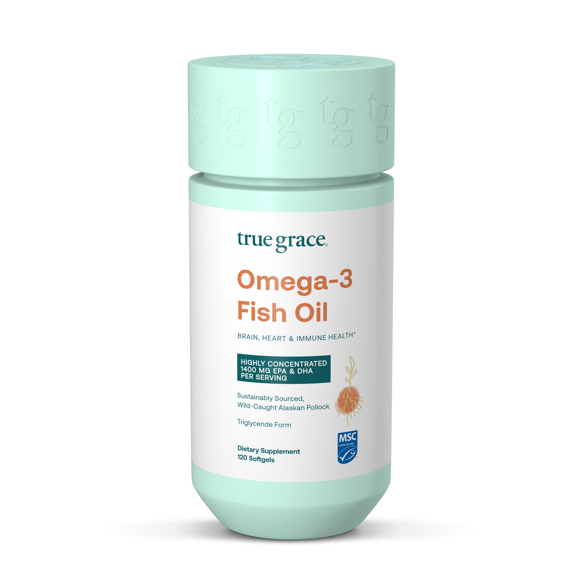 A bottle of true grace Omega-3 Fish Oil dietary supplement, featuring a mint green cap and base with a white label, set against a plain white background.
