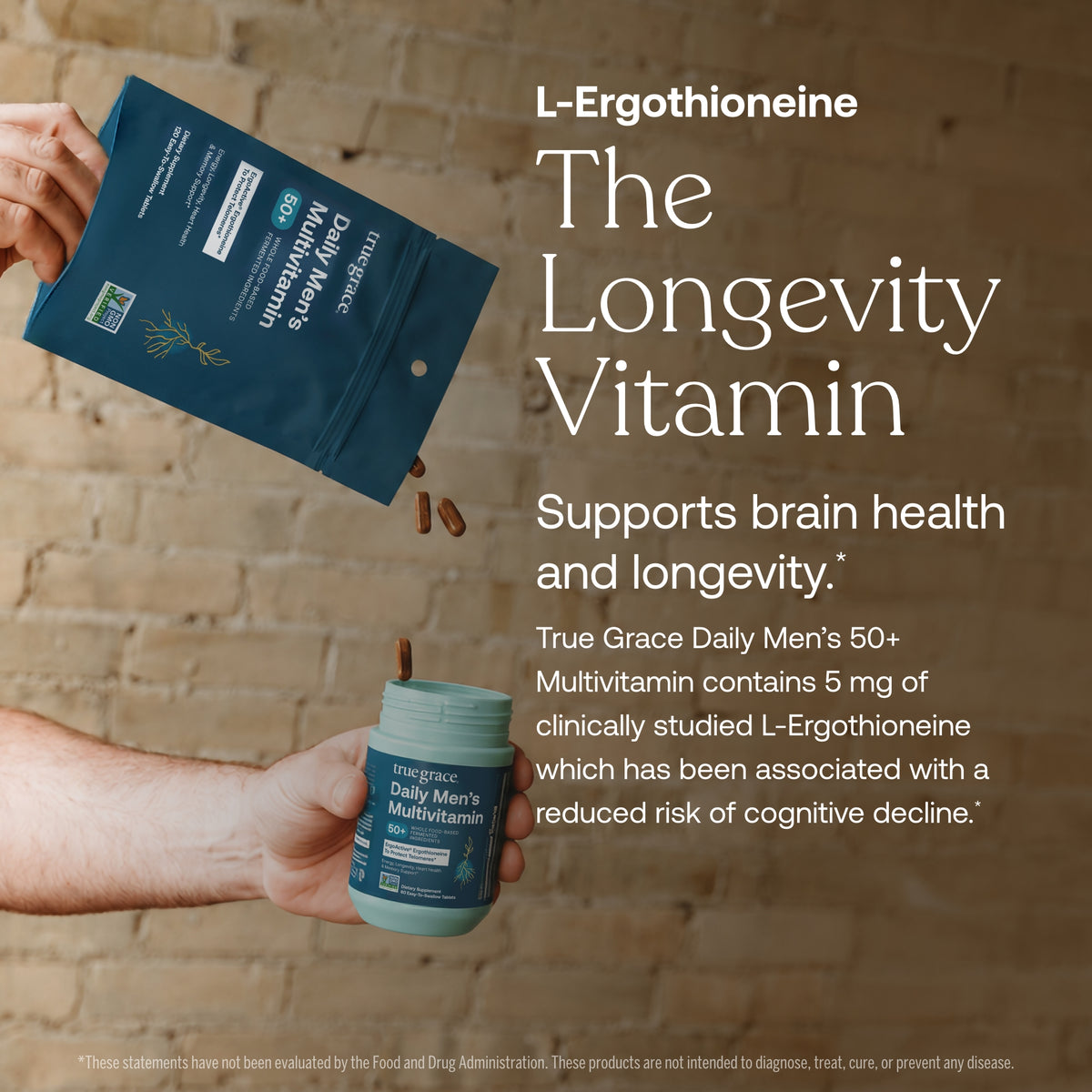 Men’s multivitamin bottle and dark-blue box held in hand