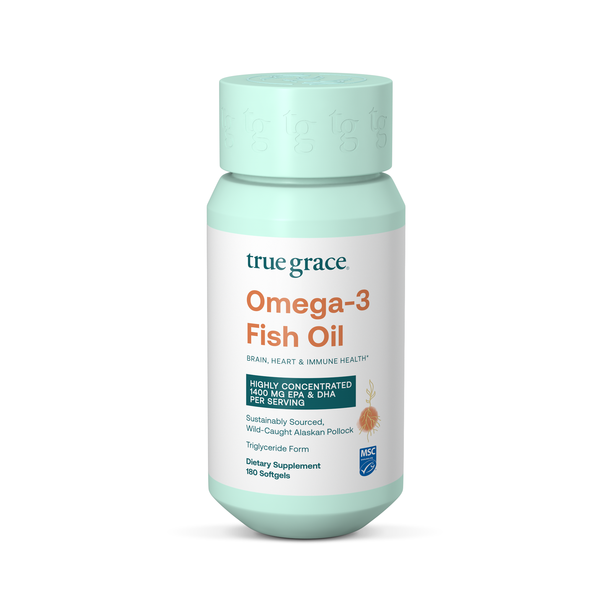 A bottle of True Grace Omega-3 Fish Oil dietary supplement, featuring a mint green bottle and cap with a white label, set against a plain white background.