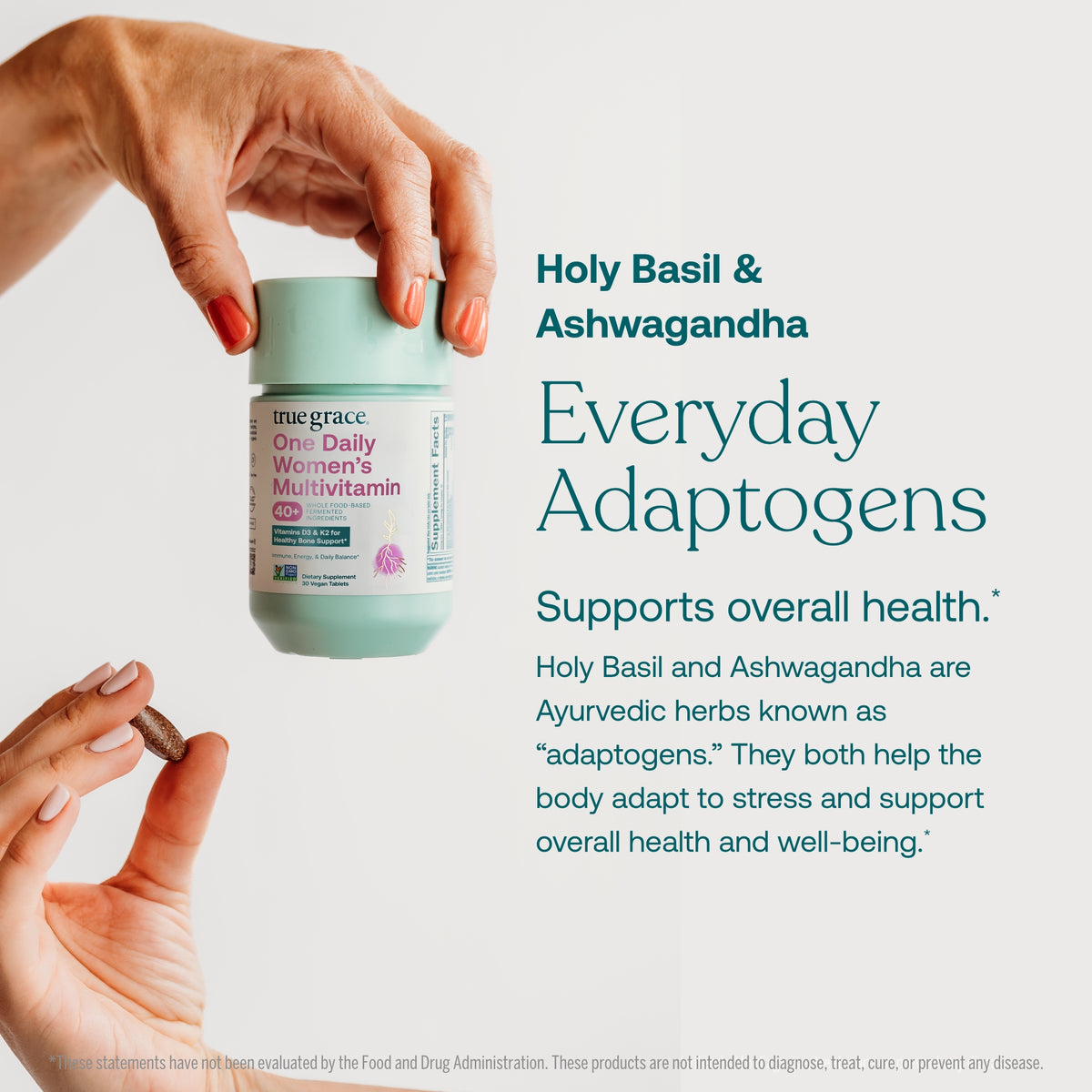 Teal multivitamin bottle held by hands, label highlights Holy Basil and Ashwagandha