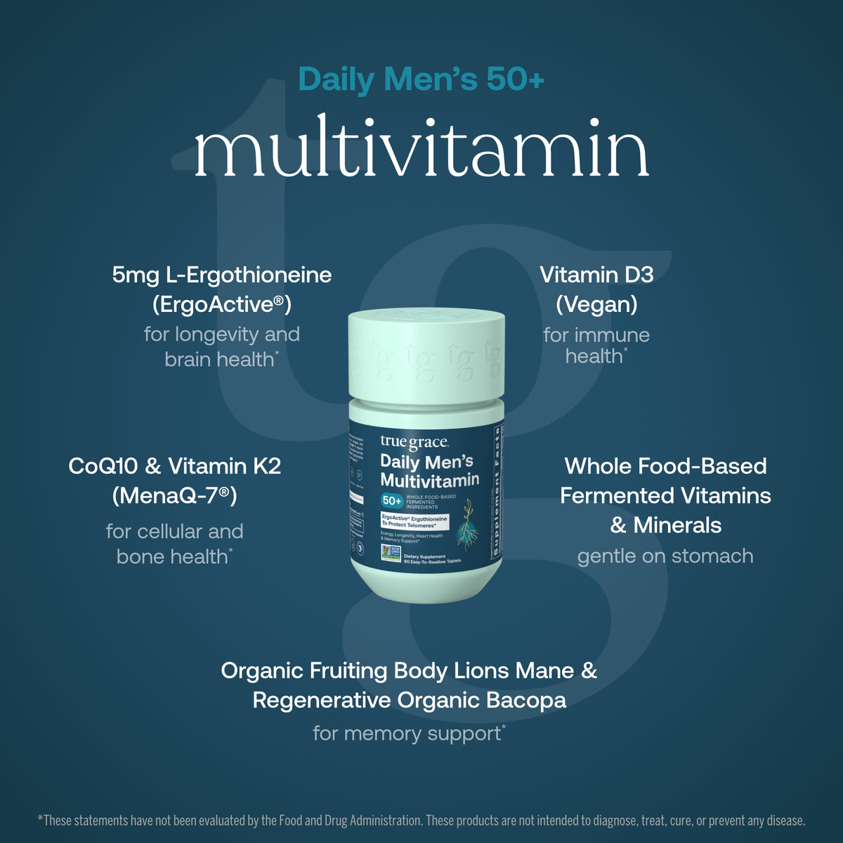 Multivitamin bottle on blue nutrient graphic with ingredient callouts