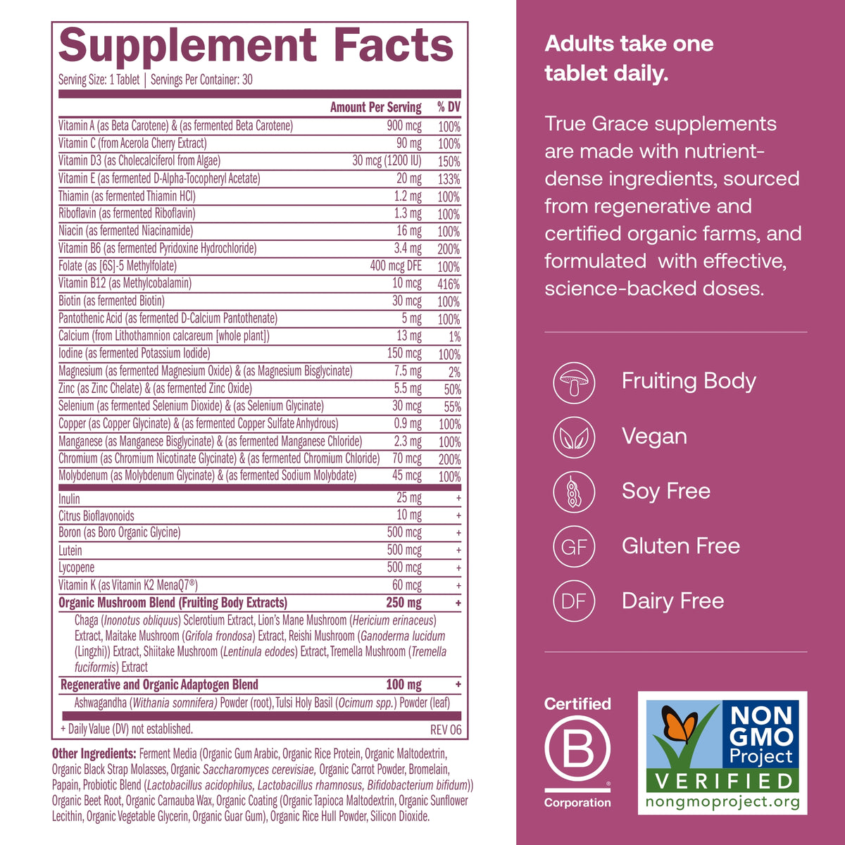 Supplement Facts label table listing vitamins, minerals, and other ingredients per serving