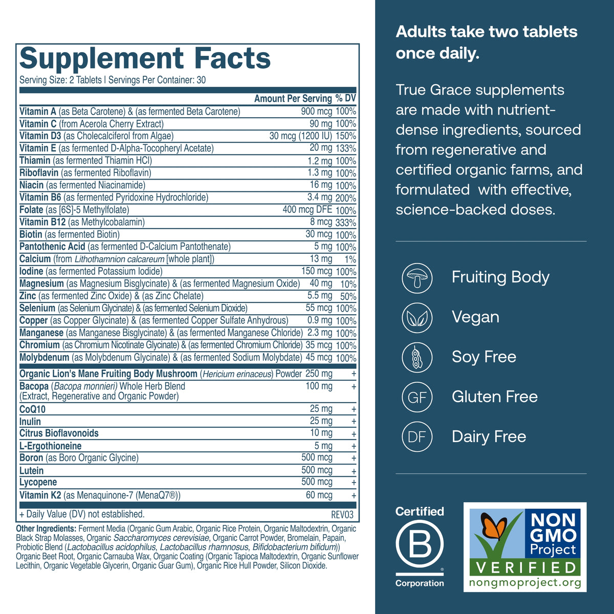 Supplement Facts label panel listing vitamins and minerals per serving