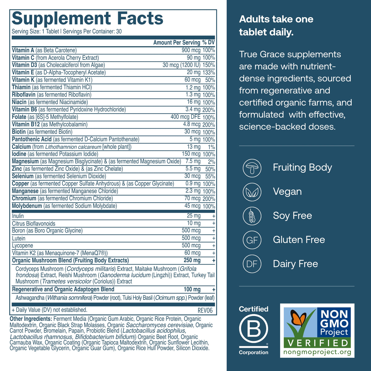 Supplement facts table for men's multivitamin tablets, serving and ingredient details