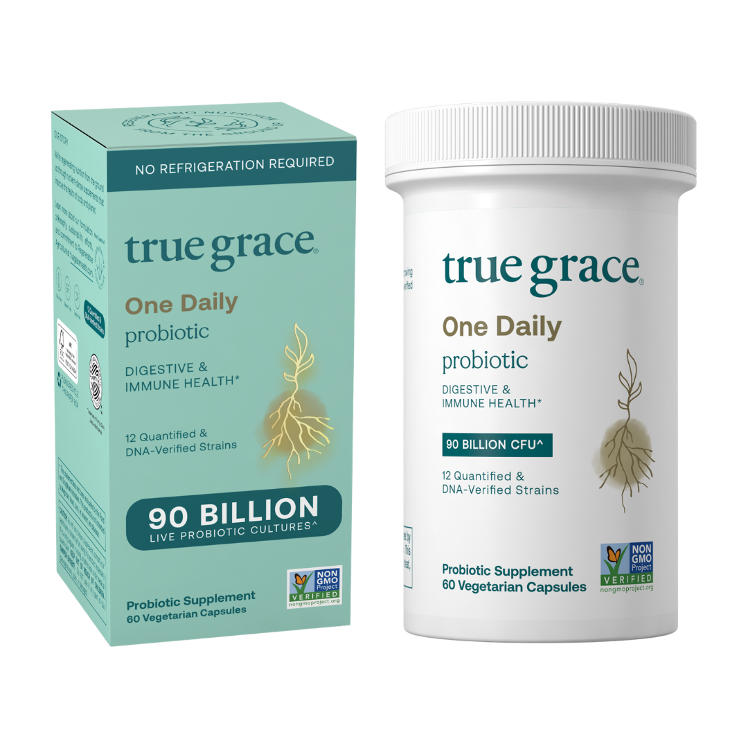 True Grace One Daily probiotic supplement packaging on a white background