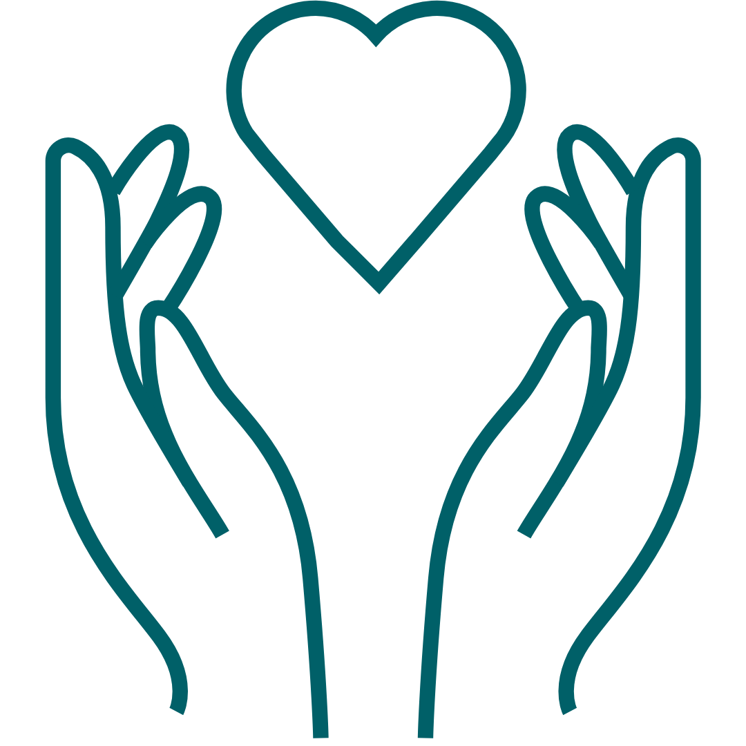 Two hands holding a heart symbol in teal on a white background