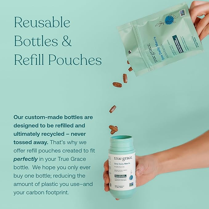 Our custom-made bottles are designed to be refilled and ultimately recycled -- never tossed away. That's why we offer refill pouches created to fit perfectly in your True Grace bottle. We hope you only ever buy one bottle; reducing the amount of plastic you use-and your carbon footprint.