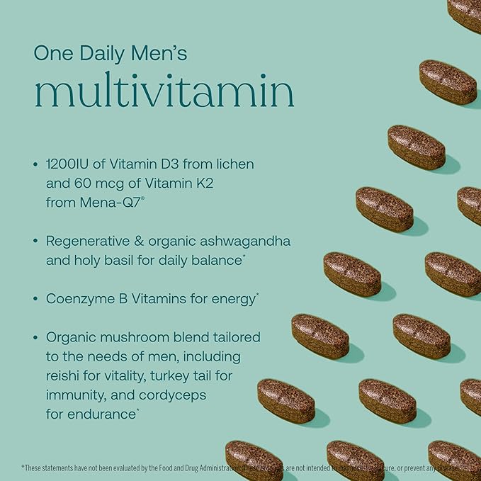 - 1200IU of Vitamin D3 from Lichen and 60 mcg of Vitamin K2 from Mena-Q7
- Regenerative & organic ashwagandha and holy basil for daily balance
- Coenzyme B Vitamins for energy
- Organic mushroom blend tailored to the needs of men, including reishi for vitality, turkey tail for immunity, and cordyceps for endurance