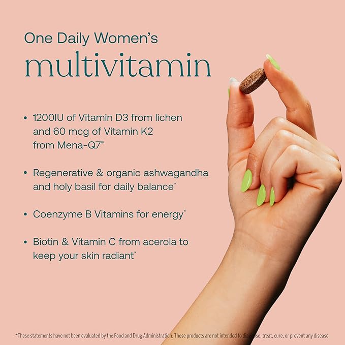 - 1200IU of Vitamin D3 from Lichen and 60 mcg of Vitamin K2 from Mena-Q7
- Regenerative & organic ashwagandha and holy basil for daily balance*
- Coenzyme B Vitamins for energy*
- Biotin & Vitamin C from acerola to keep your skin radiant*