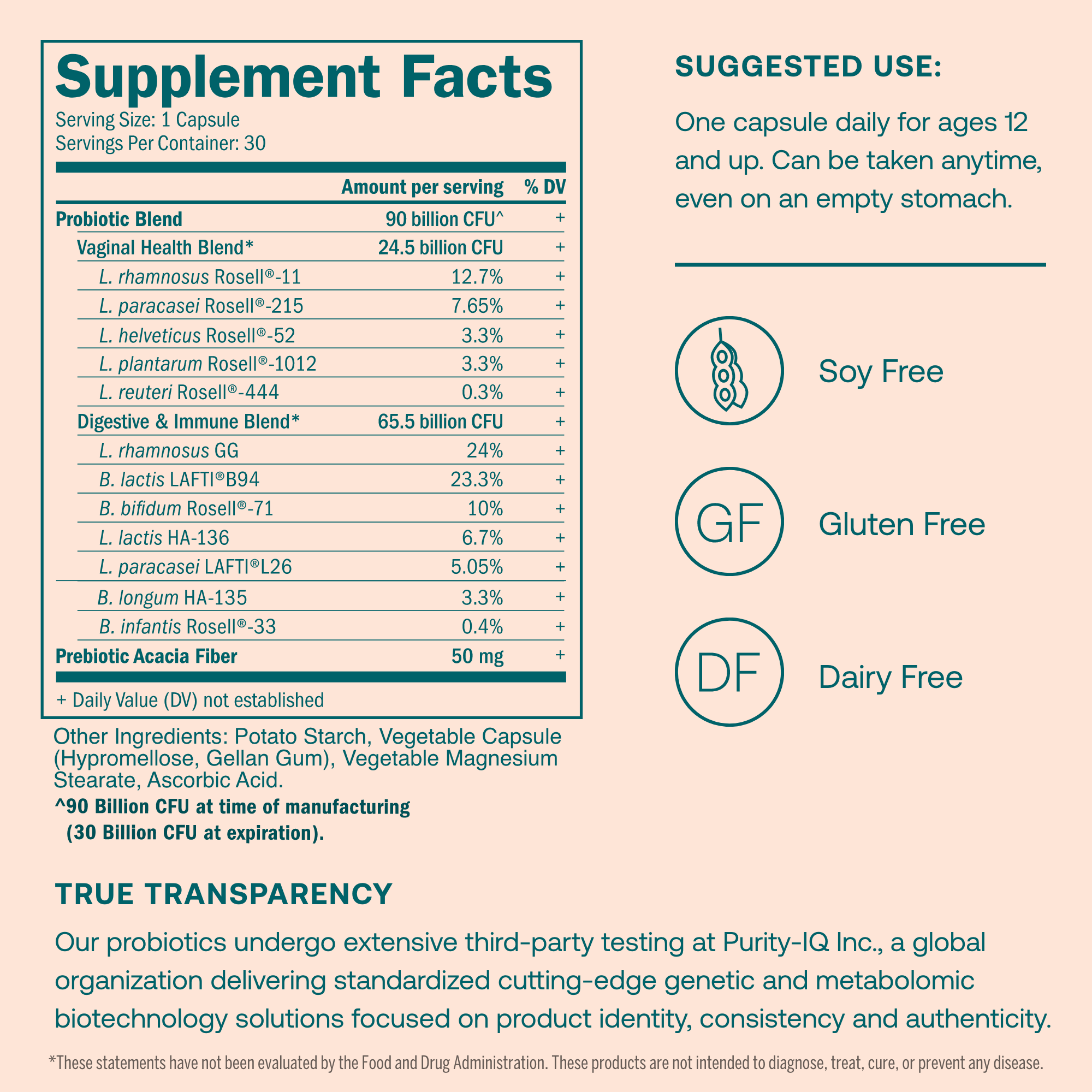 Our probiotics undergo extensive third-party testing at Purity-IQ Inc., a global organization delivering standardized cutting-edge genetic and metabolic biotechnology solutions focused on product identity, consistency, and authenticity.