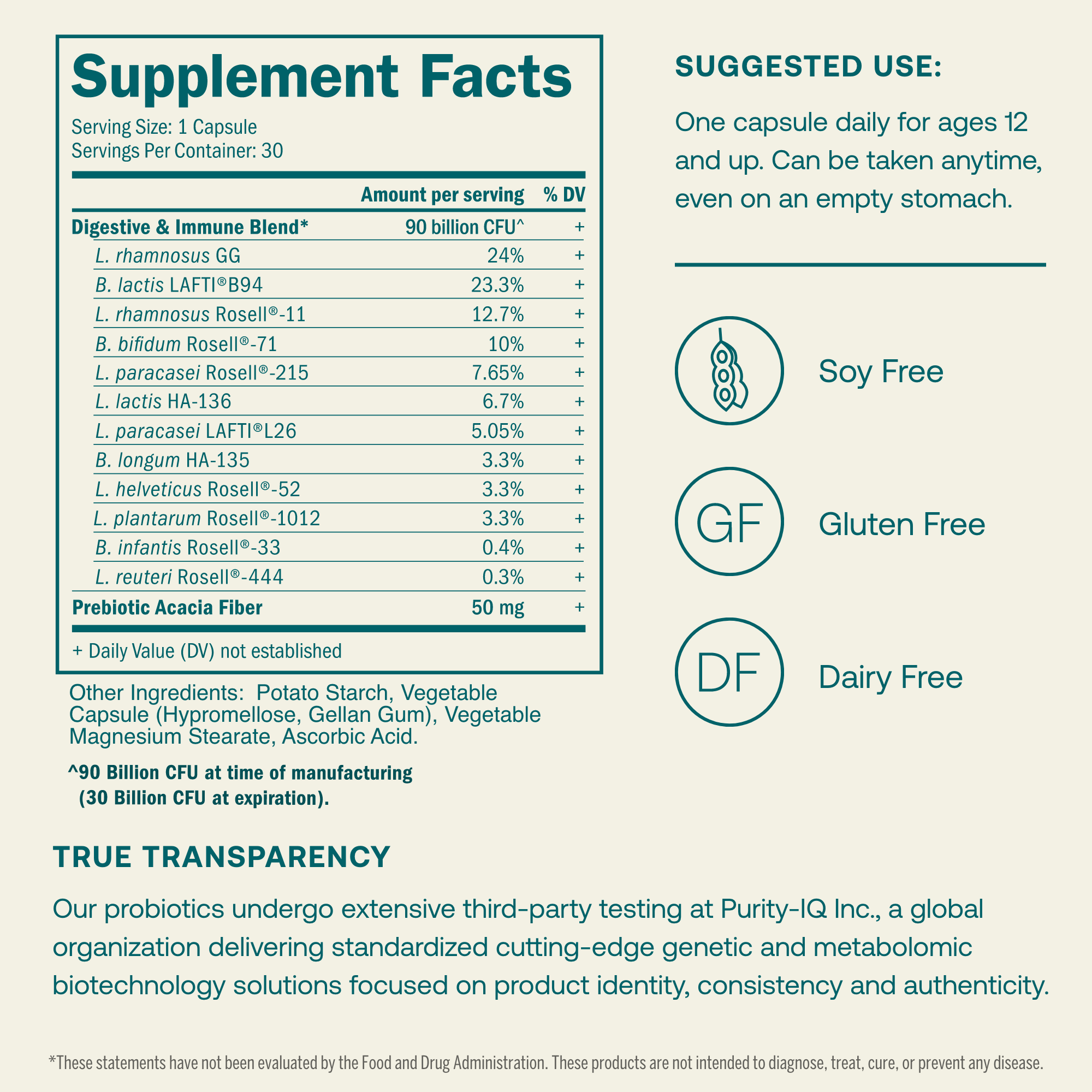 Our probiotics undergo extensive third-party testing at Purity-IQ Inc., a global organization delivering standardized cutting-edge genetic and metabolic biotechnology solutions focused on product identity, consistency, and authenticity.