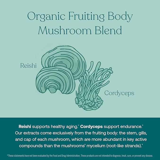 Reighi supports healthy aging.* Cordyceps support endurance.* Our extracts come exclusively from the fruiting body: the stem, gills, and cap of each mushroom, which are more abundant in key active compounds than the mushrooms' mycelium (root-like strands).*