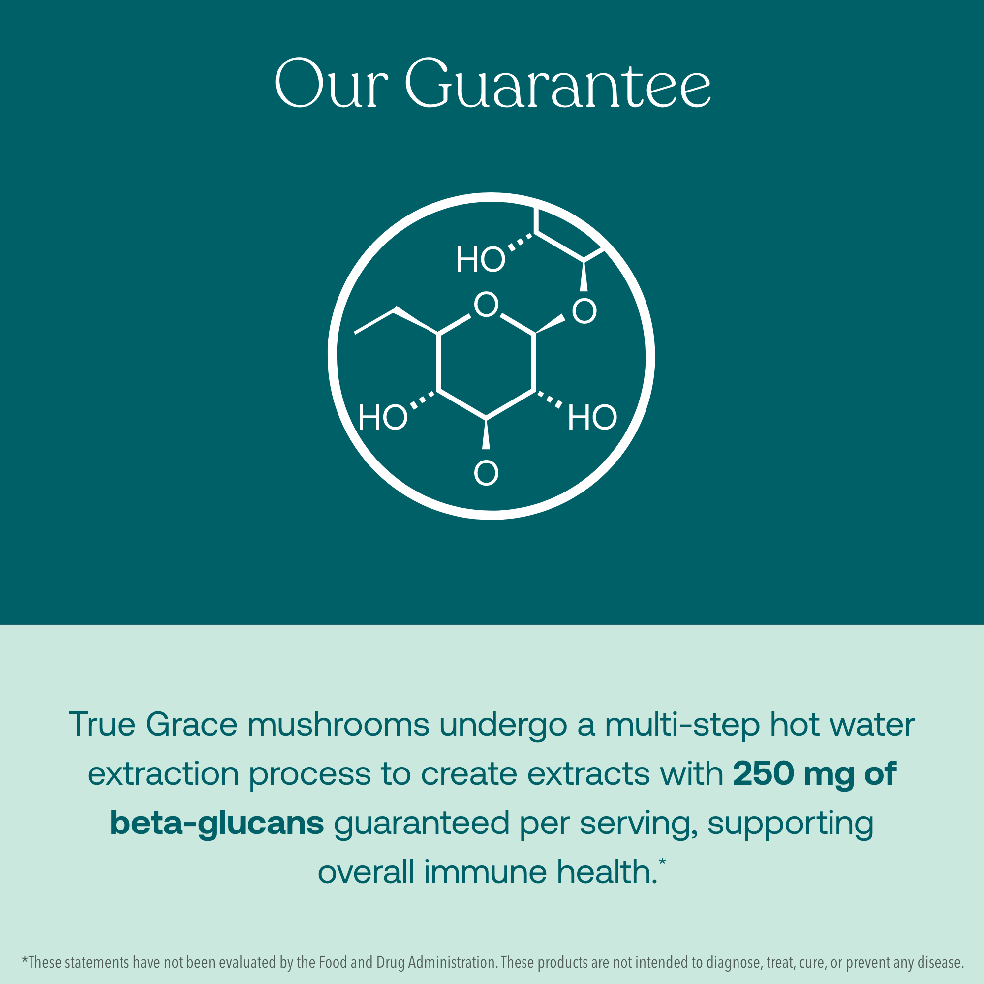 True Grace mushrooms undergo a multi-step hot water extraction process to create extracts with 250 mg of beta-glucans guaranteed per serving, supporting overall immune health.*