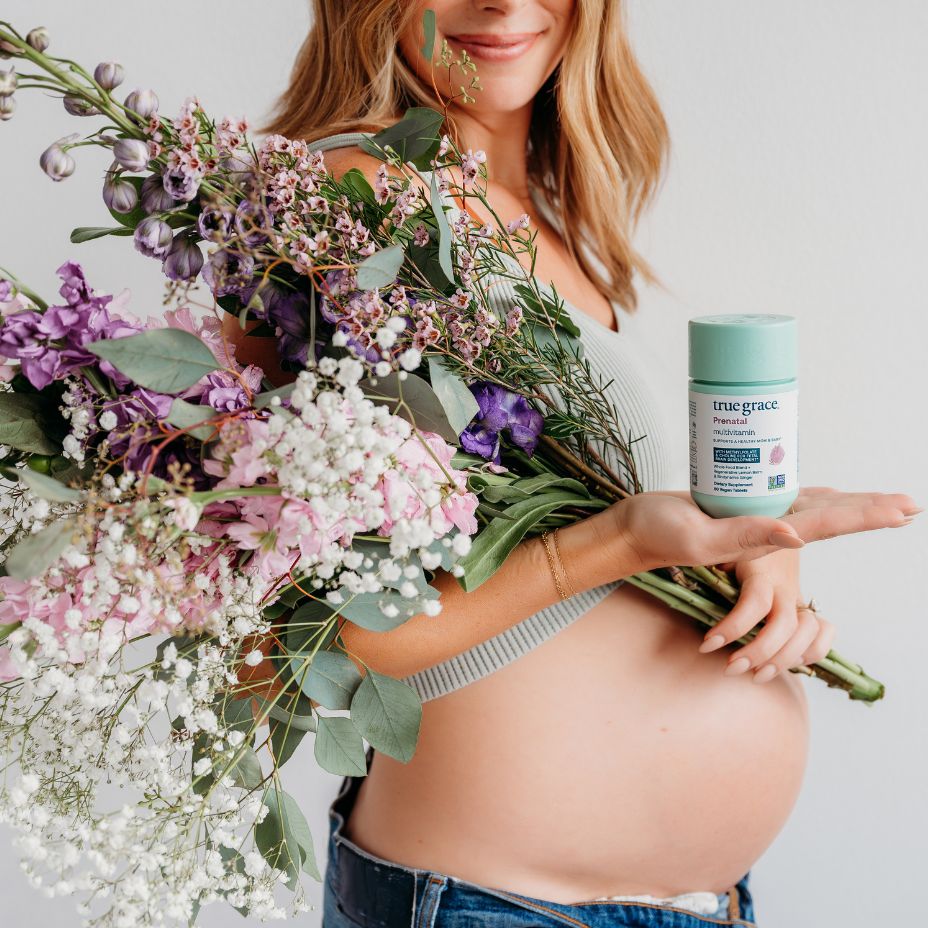 True Grace Prenatal Multivitamin provides an organic whole food blend that includes organic beet root, organic amla, organic ginger root extract, regenerative organic lemon balm (whole herb), organic cranberry, and organic mustard seed extract.