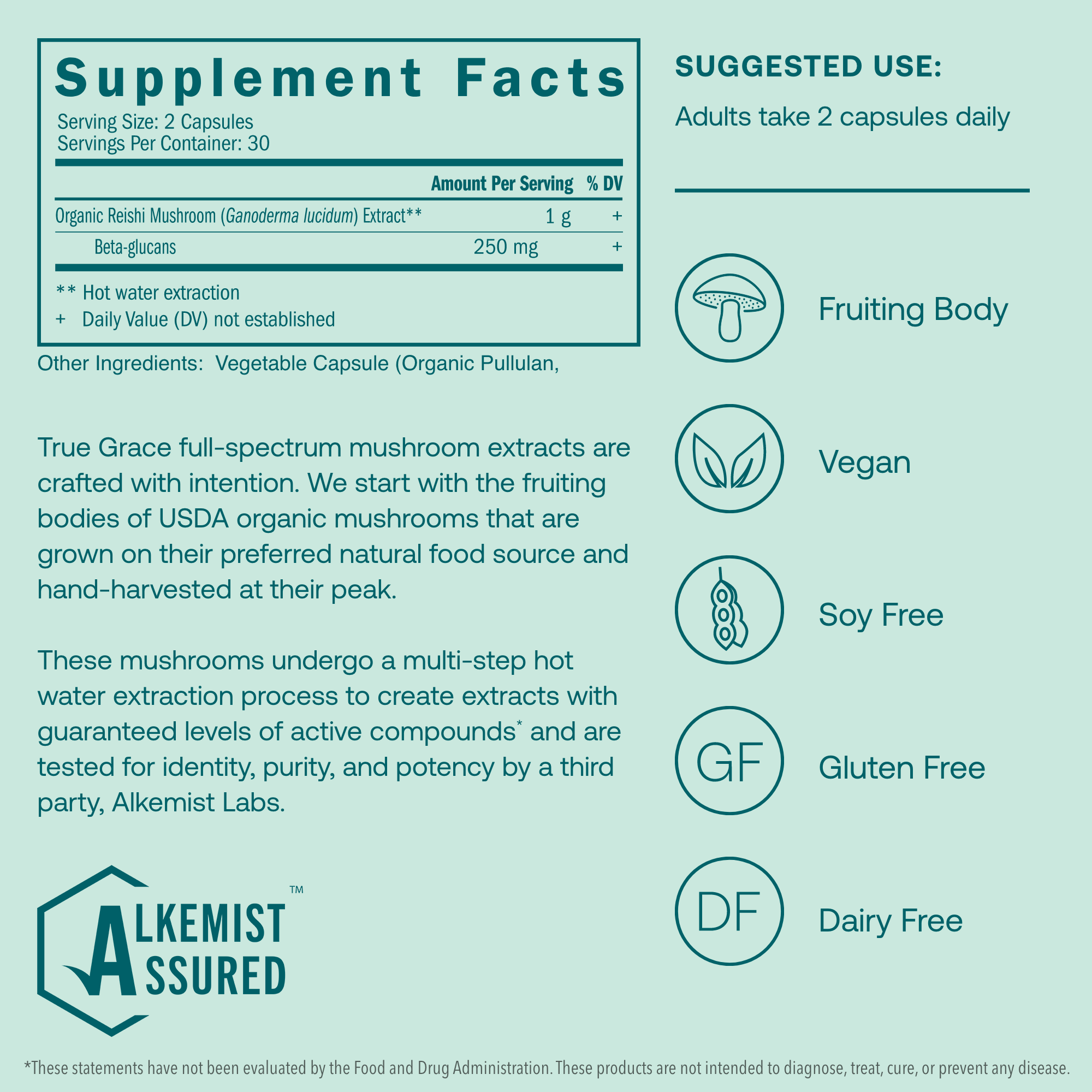 True Grace full-spectrum mushroom extracts are crafted with intention. We start with the fruiting bodies of USDA organic mushrooms that are grown on their preferred natural food source and hand-harvested at their peak.

These mushrooms undergo a multi-step hot water extraction process to create extracts with guaranteed levels of active compounds* and tested for identity, purity, and potency by a third party, Alkemist Labs.