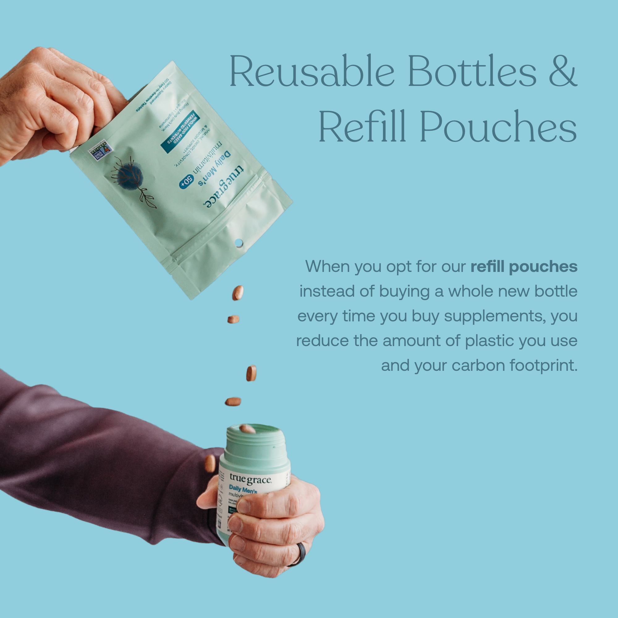 When you opt for our refill pouches instead of buying a new bottle every time you buy supplements, you reduct the amount of plastic you use and your carbon footprint. 