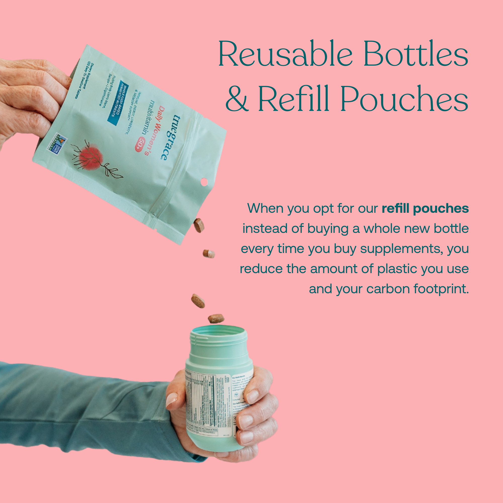 When you opt for our refill pouches instead of buying a new bottle every time you buy supplements, you reduct the amount of plastic you use and your carbon footprint. 