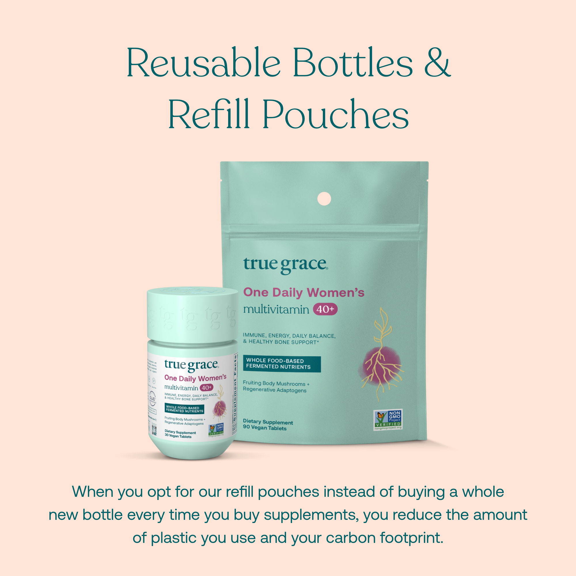 When you opt out for our refill pouches instead of buying a whole new bottle every time you buy supplements, you reduce the amount of plastic you use and your carbon footprint. 