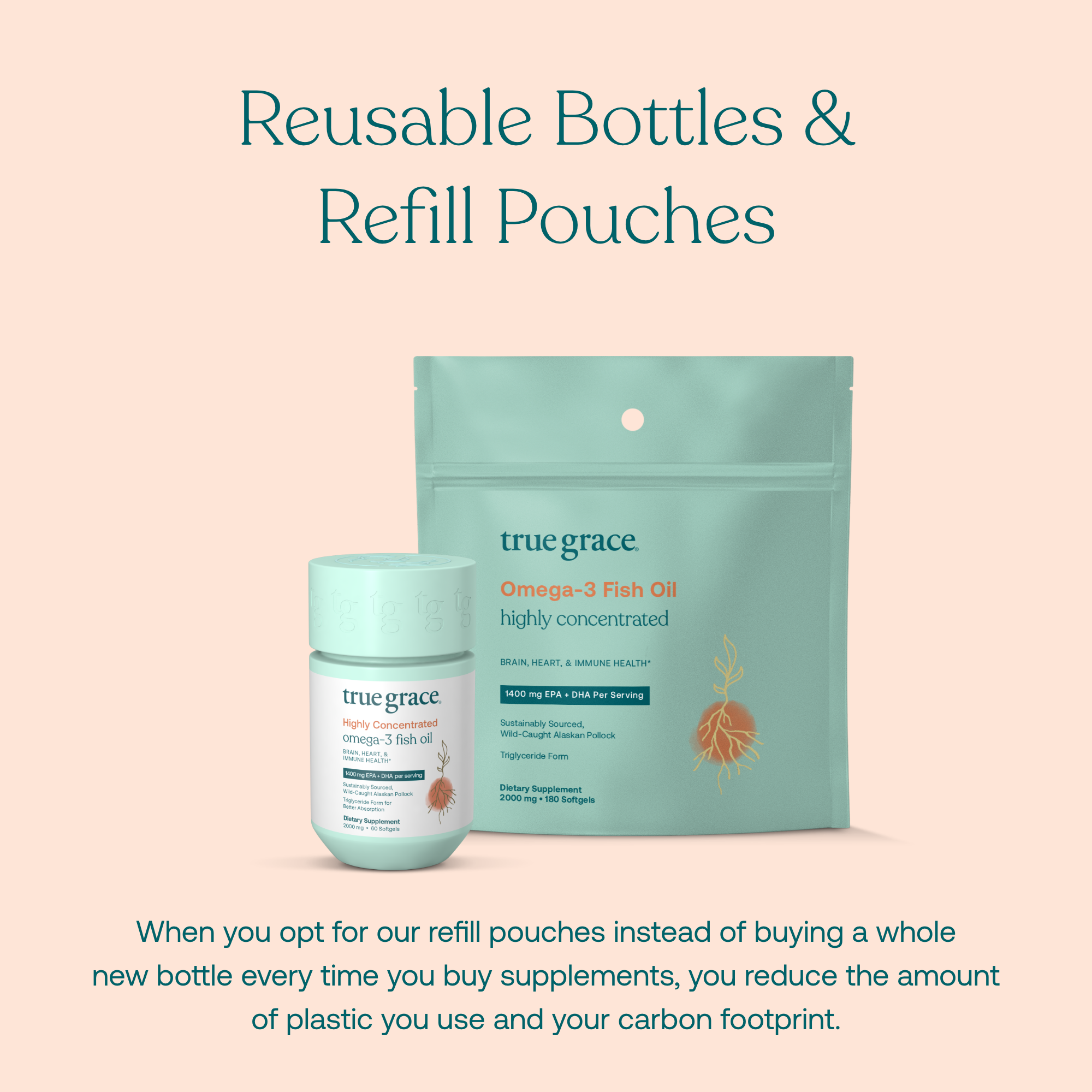 When you opt for our refill pouches instead of buying a whole new bottle every time you buy supplements, you reduce the amount of plastic you use and your carbon footprint. 