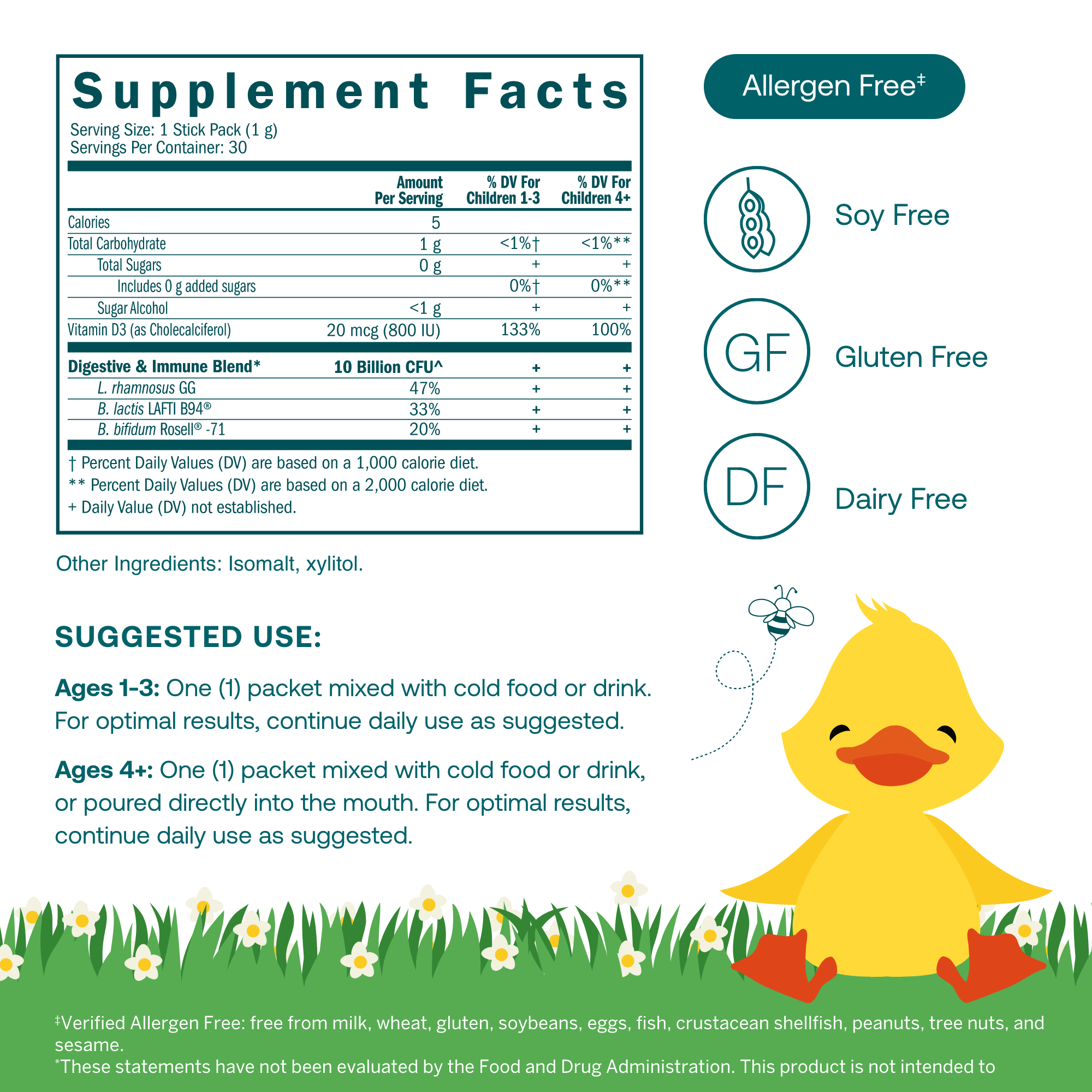 Vitamin D is essential for your little one’s development and immune health, and it can be tricky for them to get enough through diet and sun exposure.* So we’ve topped up these probiotics with 800 IU of Vitamin D. Because kids are always on the go, it just makes sense to give them two supplements in one versatile powder.