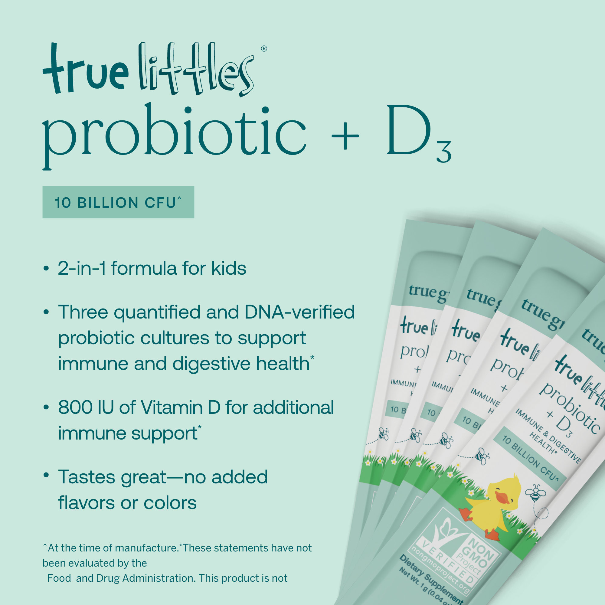 - 2-in-1 formula for kids
- Three quantified and DNA-verified probiotic cultures to support immune and digestive health*
- 800 IU of Vitamin D for additional immune support*
- Tastes great--no added flavors or colors