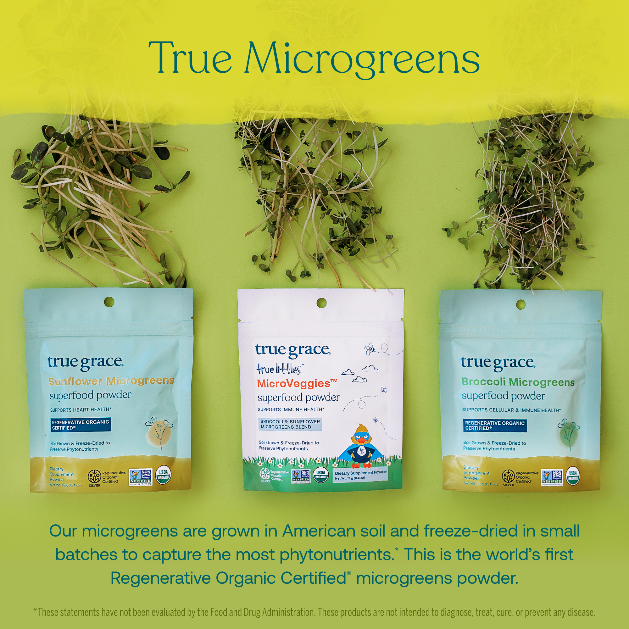 Our microgreens are grown in American soul and freeze-dried in small batches to capture the most phytonutrients.* This is the world's first Regenerative Organic Certified microgreens powder