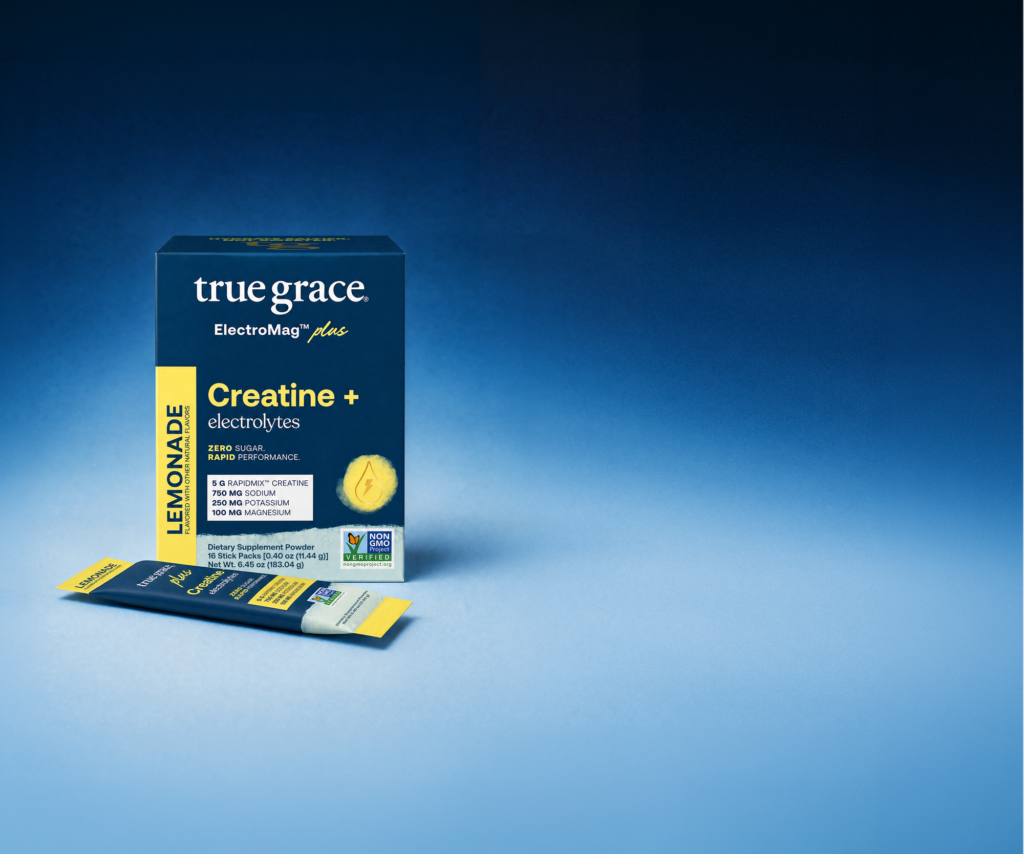 true grace ElectroMag plus Creatine + electrolytes packaging on a blue background