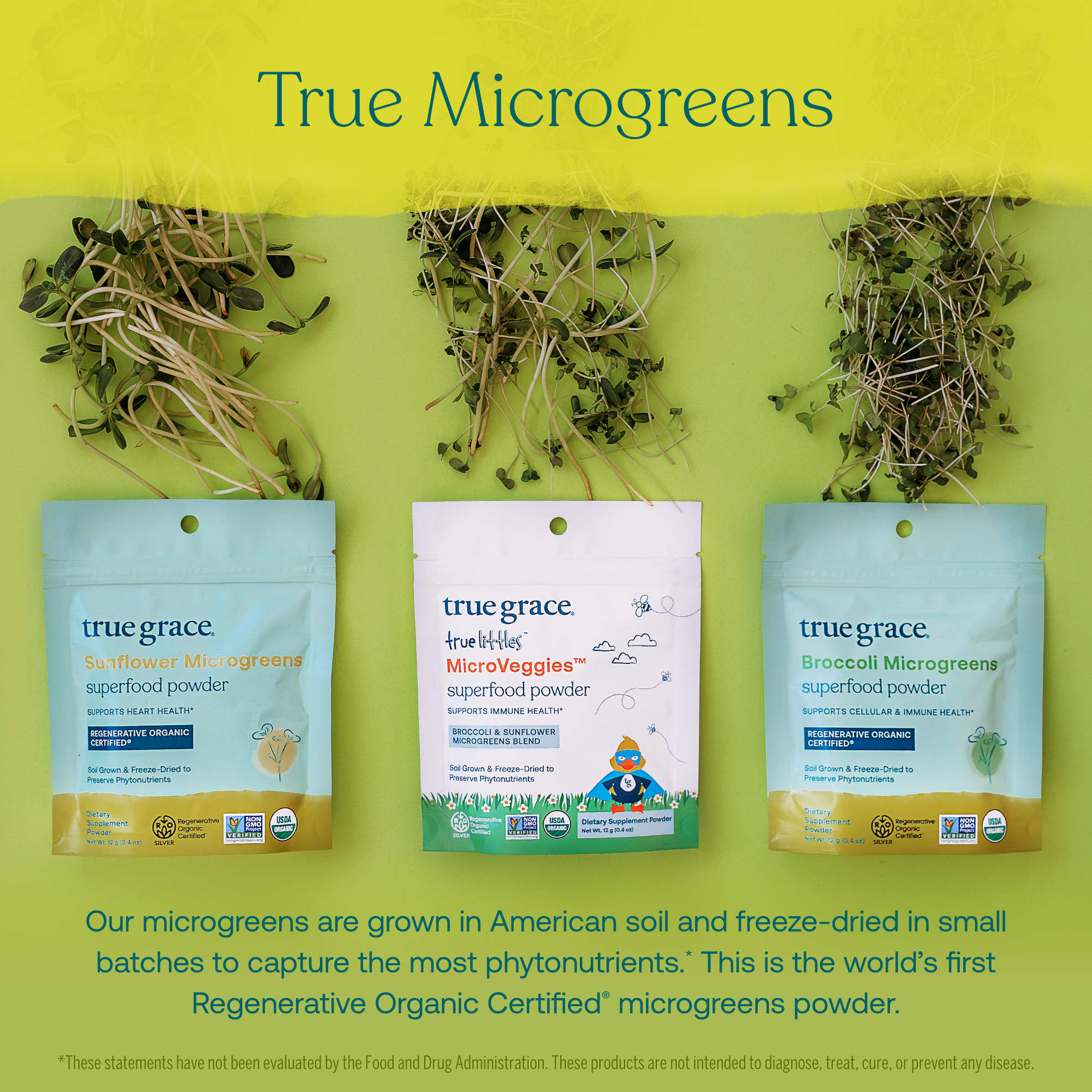 True Grace Broccoli Microgreens package with True Microgreens product assortment on green background. Our microgreens are grown in American soul and freeze-dried in small batches to capture the most phytonutrients.* This is the world's first Regenerative Organic Certified microgreens powder