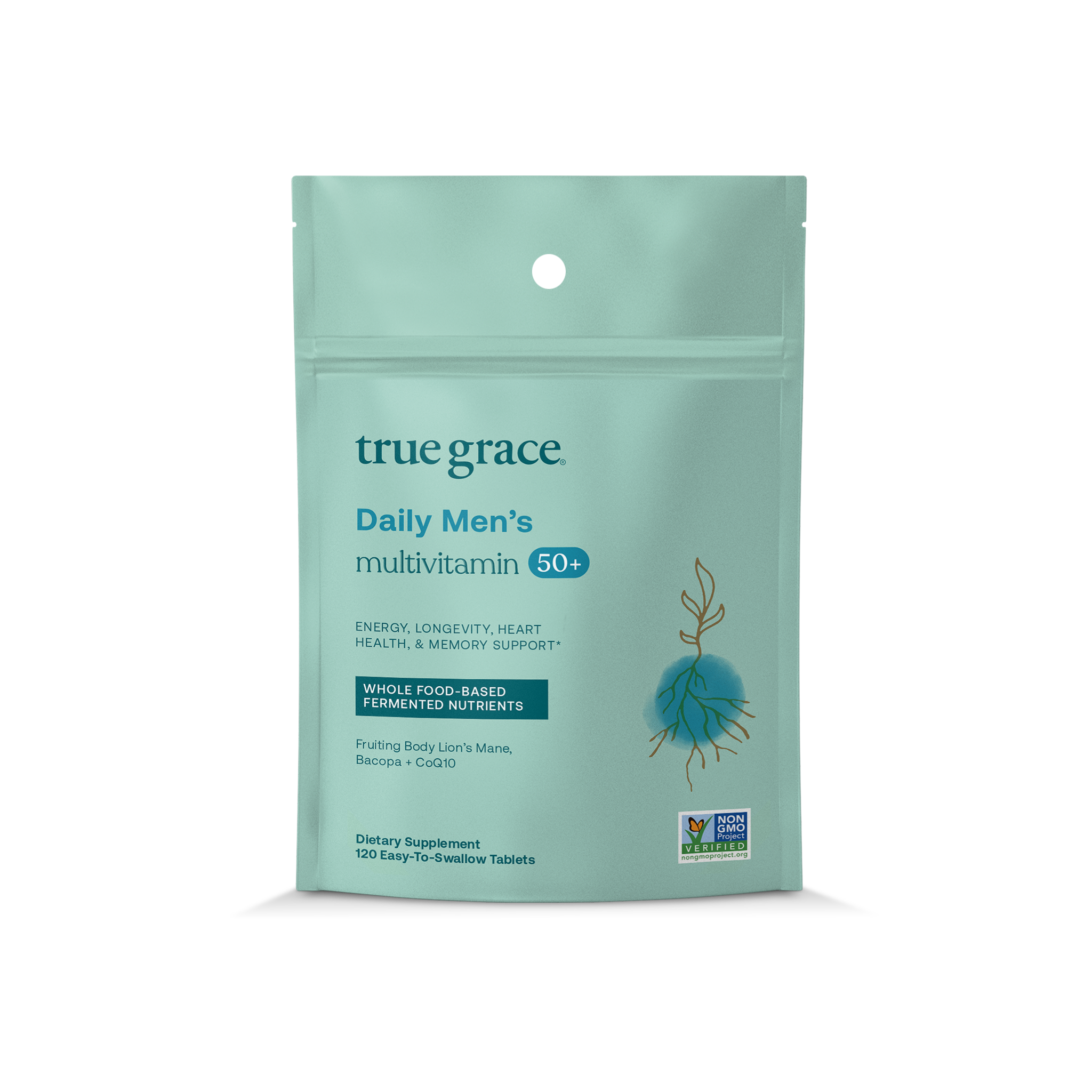 True Grace Daily Men's 50+ multivitamin package for 120 easy-to-swallow tablets