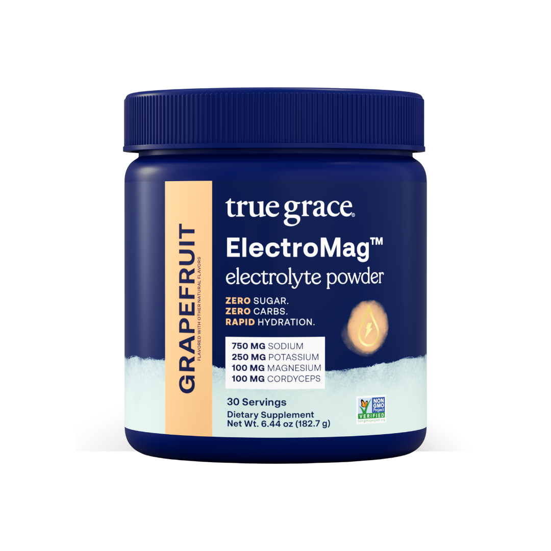 True Grace ElectroMag electrolyte powder container with grapefruit flavor