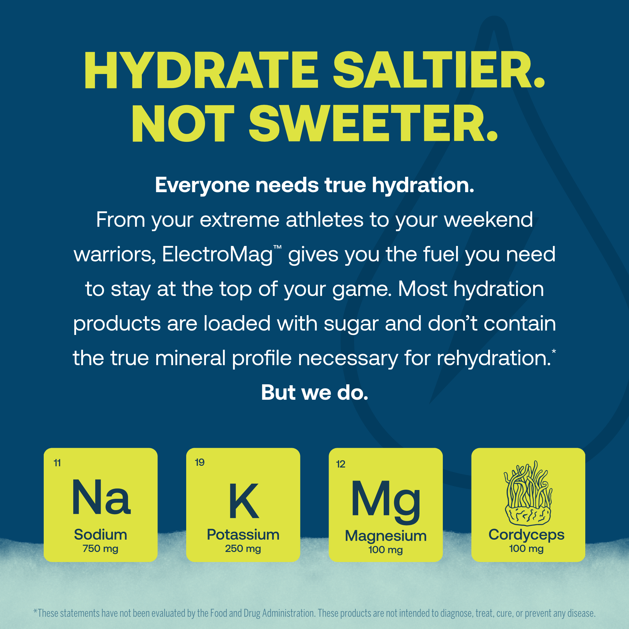 Advertisement for ElectroMag hydration product with text about true hydration and nutritional information on a blue background.