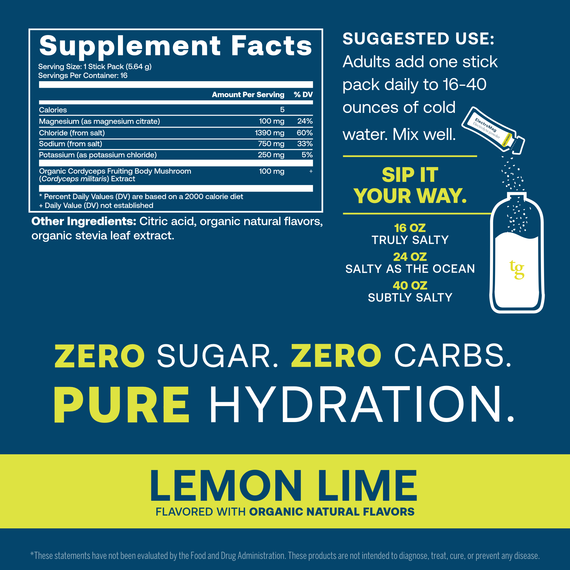 Supplement facts label for True Grace Electromag electrolyte powder lemon lime flavored drink mix on a blue background