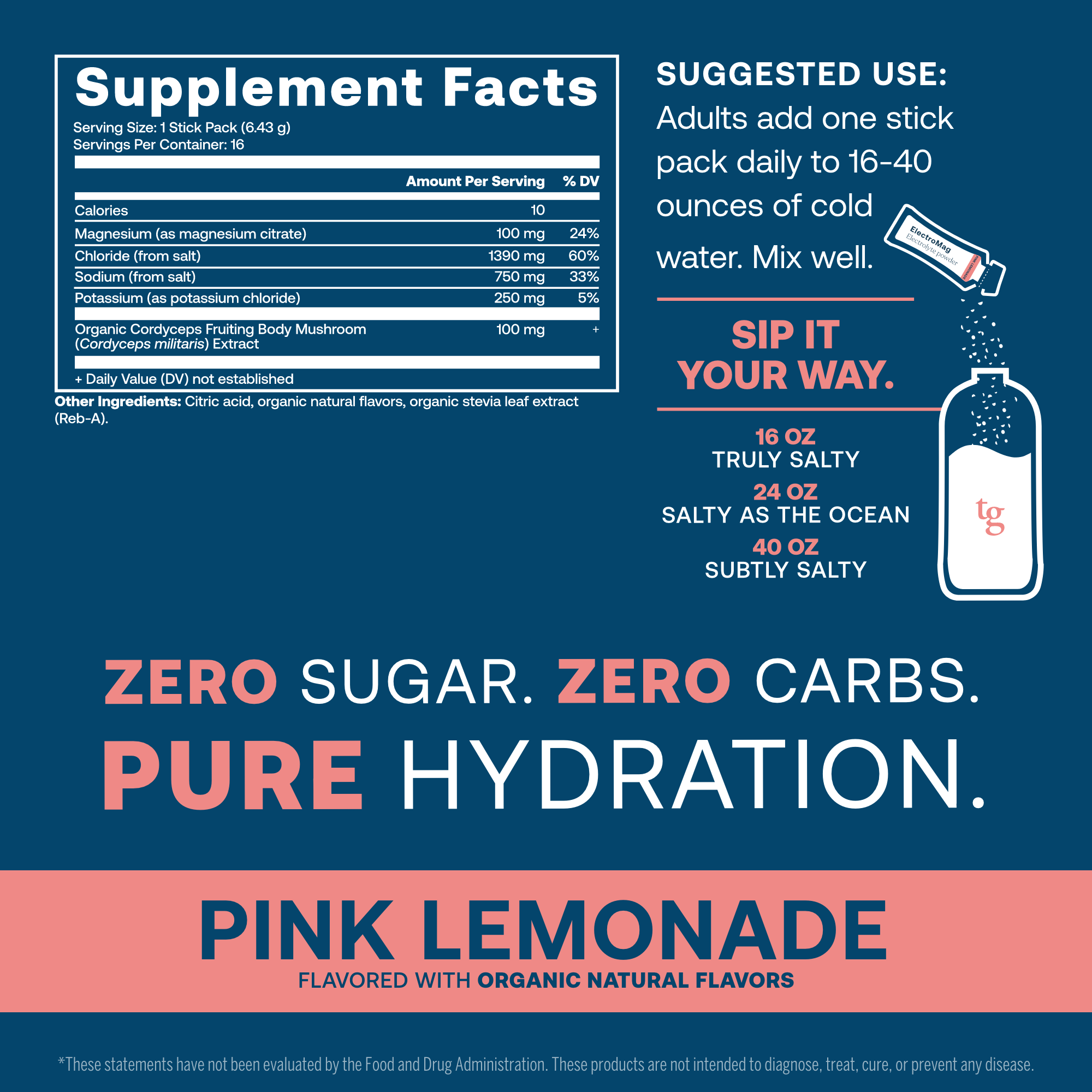 Supplement facts label for True Grace Electromag electrolyte powder pink lemonade flavored drink mix on a blue background.
