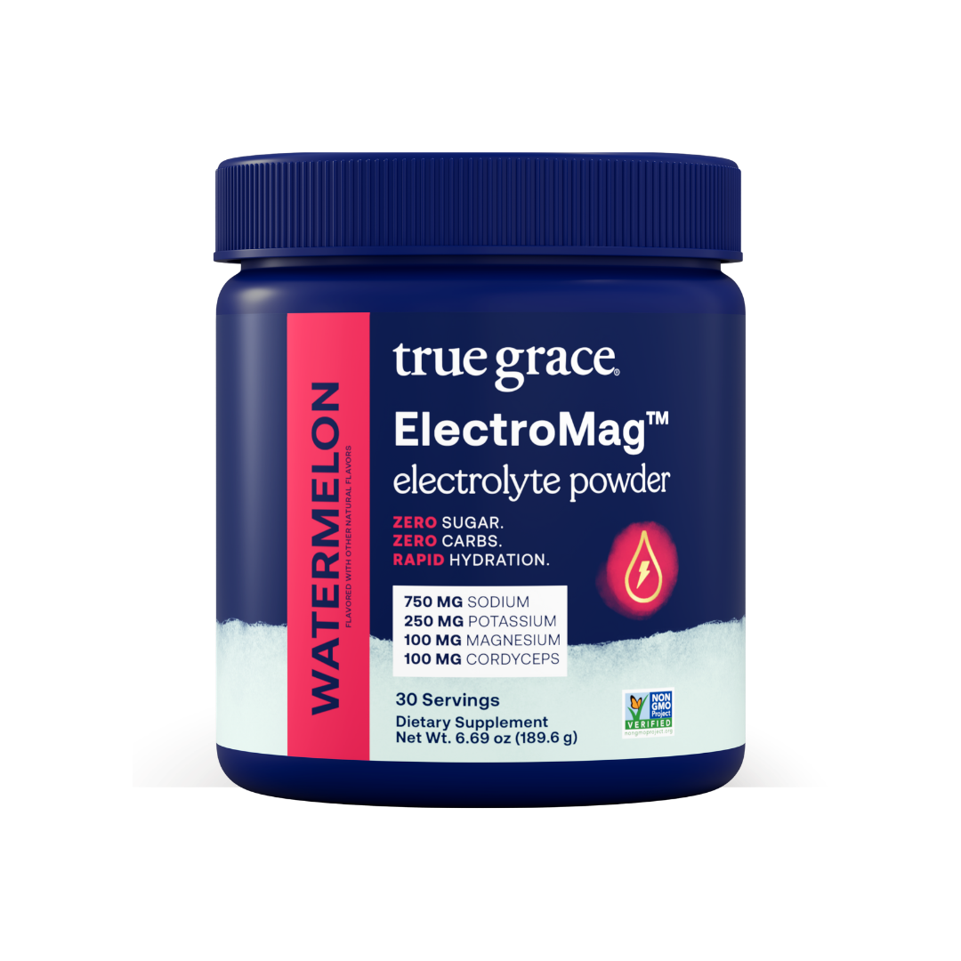 True Grace ElectroMag electrolyte powder container with blue lid