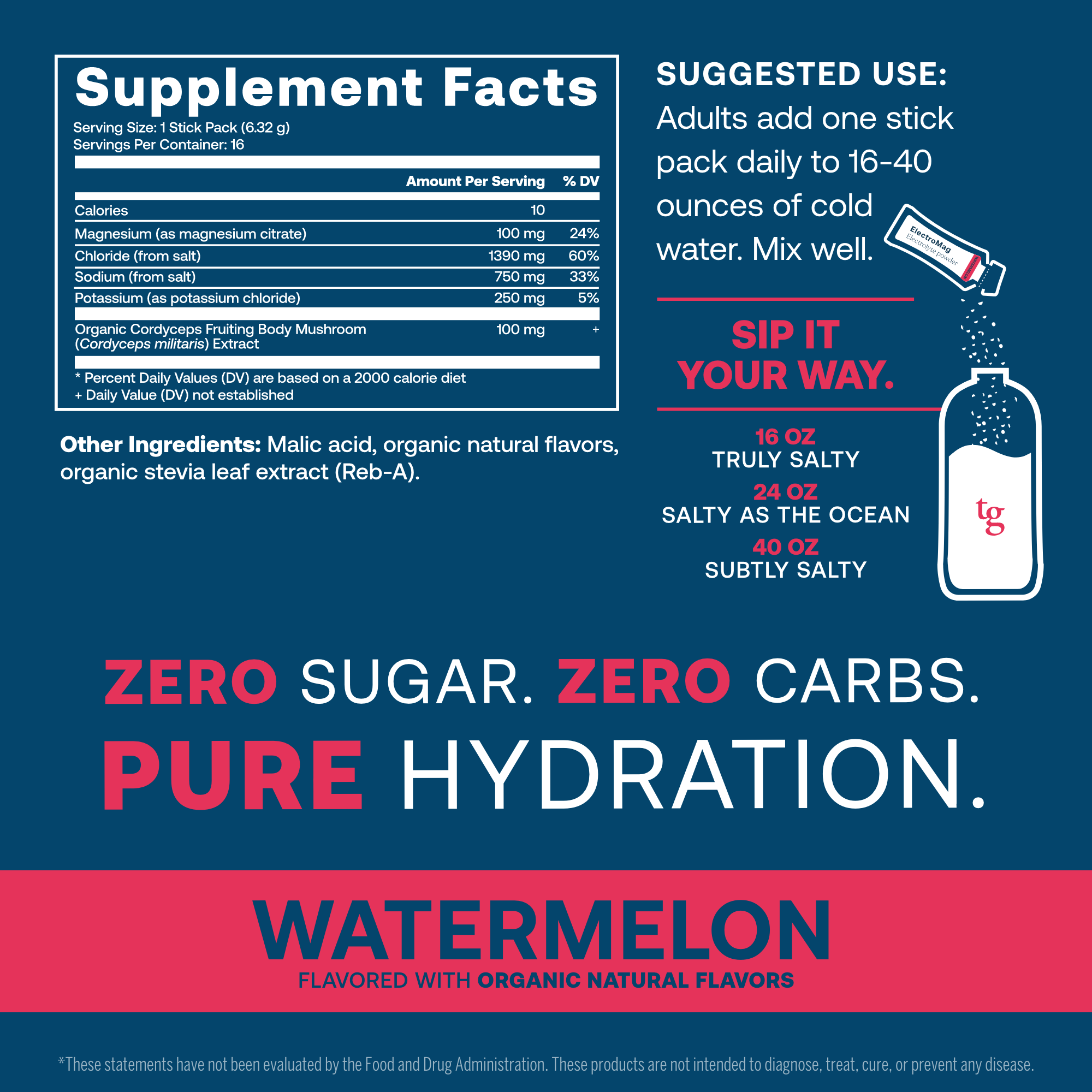 Supplement facts label for True Grace Electromag electrolyte powder watermelon flavored drink mix on a blue background
