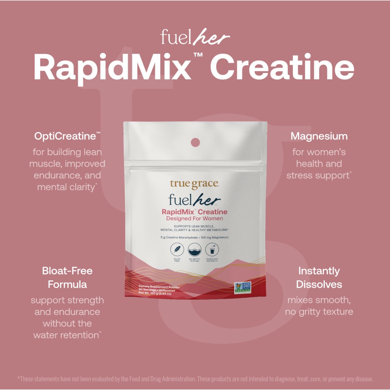 True Grace FuelHer RapidMix Creatine package on a pink background with product features listed.