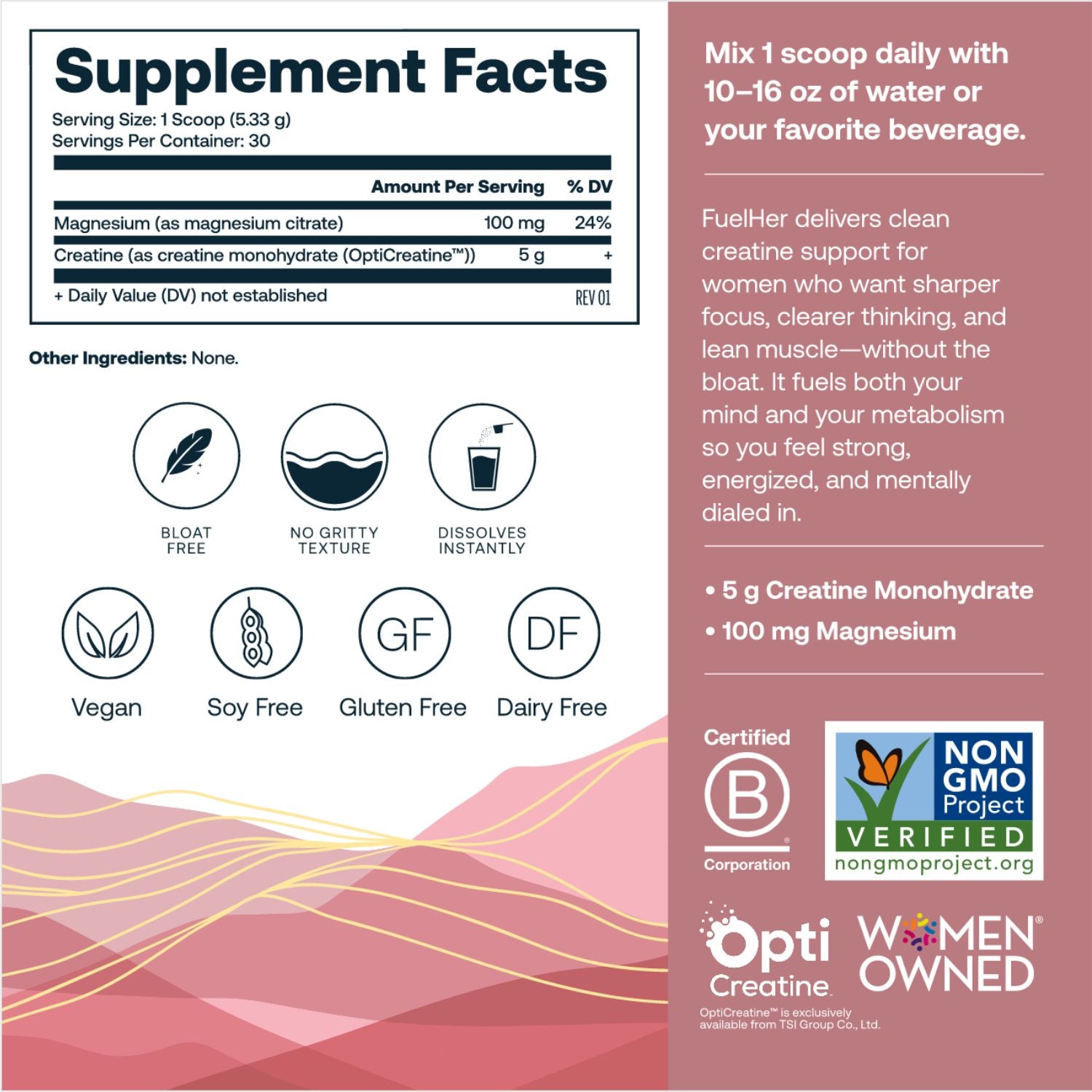 Supplement label for True Grace FuelHer with ingredient information, certification logos, and promotional text on a pink and white background.