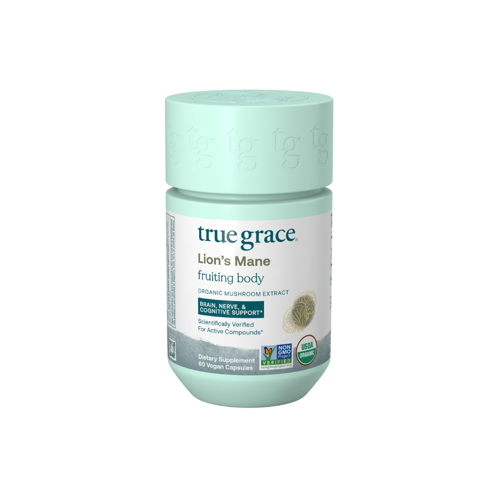 True Grace Lion's Mane fruiting body Mushroom extract supplement for Brain, Nerve, and Cognitive Support. Product package on white background.