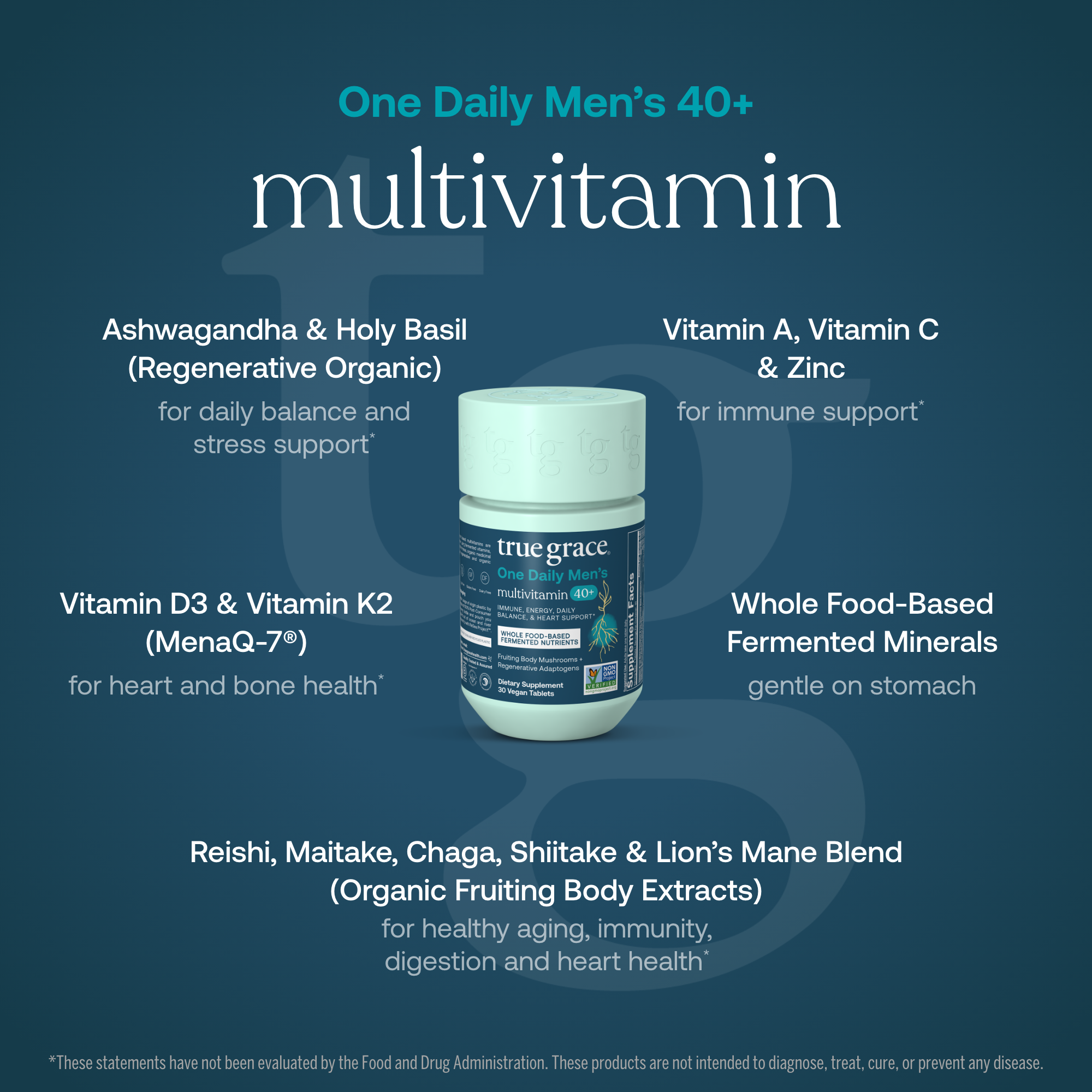 Advertisement of True Grace Men's Daily Multivitamin 40+ showing product ingredients and benefits
