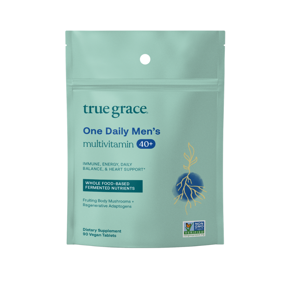 A package of True Grace One Daily Men's Multivitamin 40+ with various product benefits and details for the vitamins and minerals listed on the label