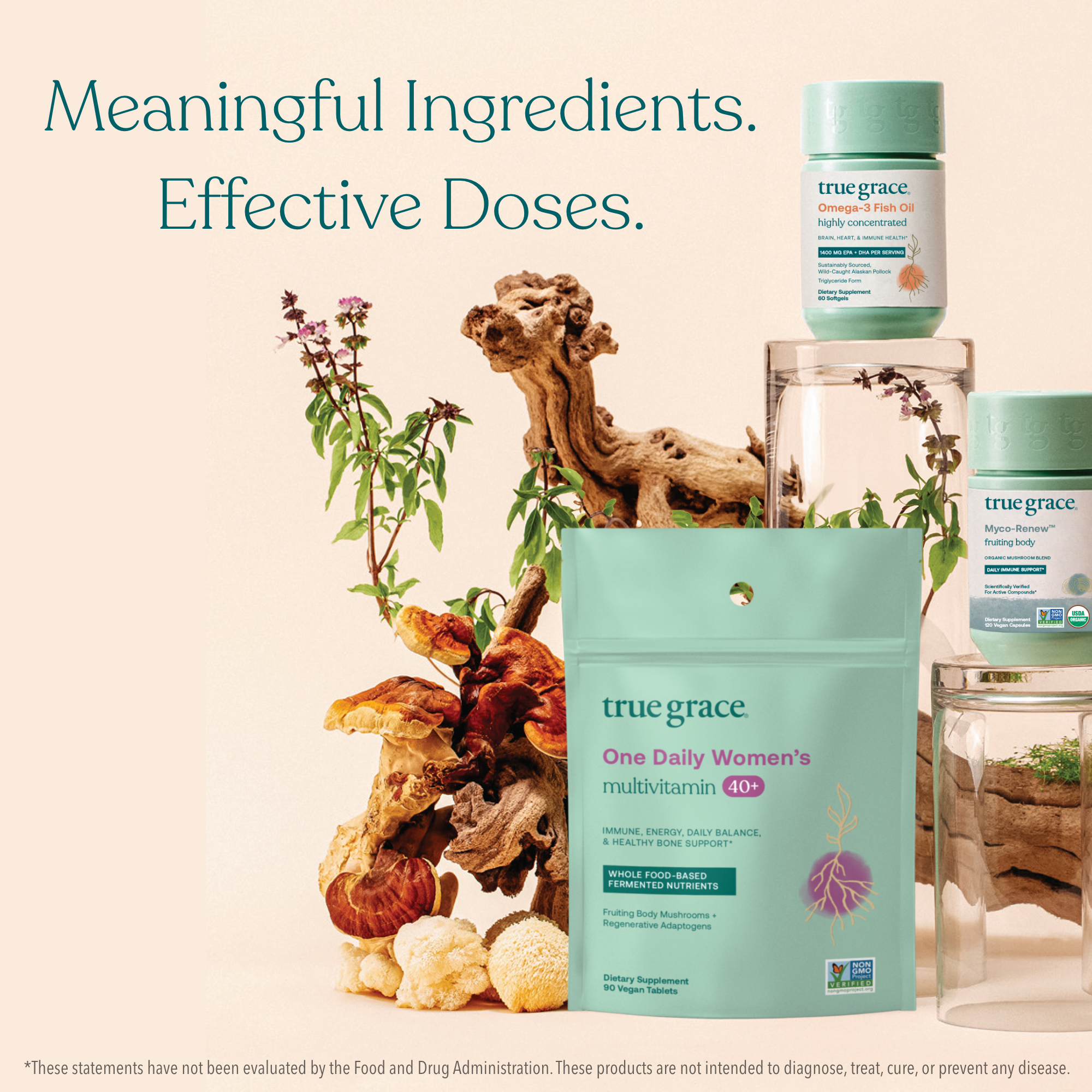 True Grace Myco-Renew and other True Grace products on tan background. Meaningful Ingredients. Effective Doses.