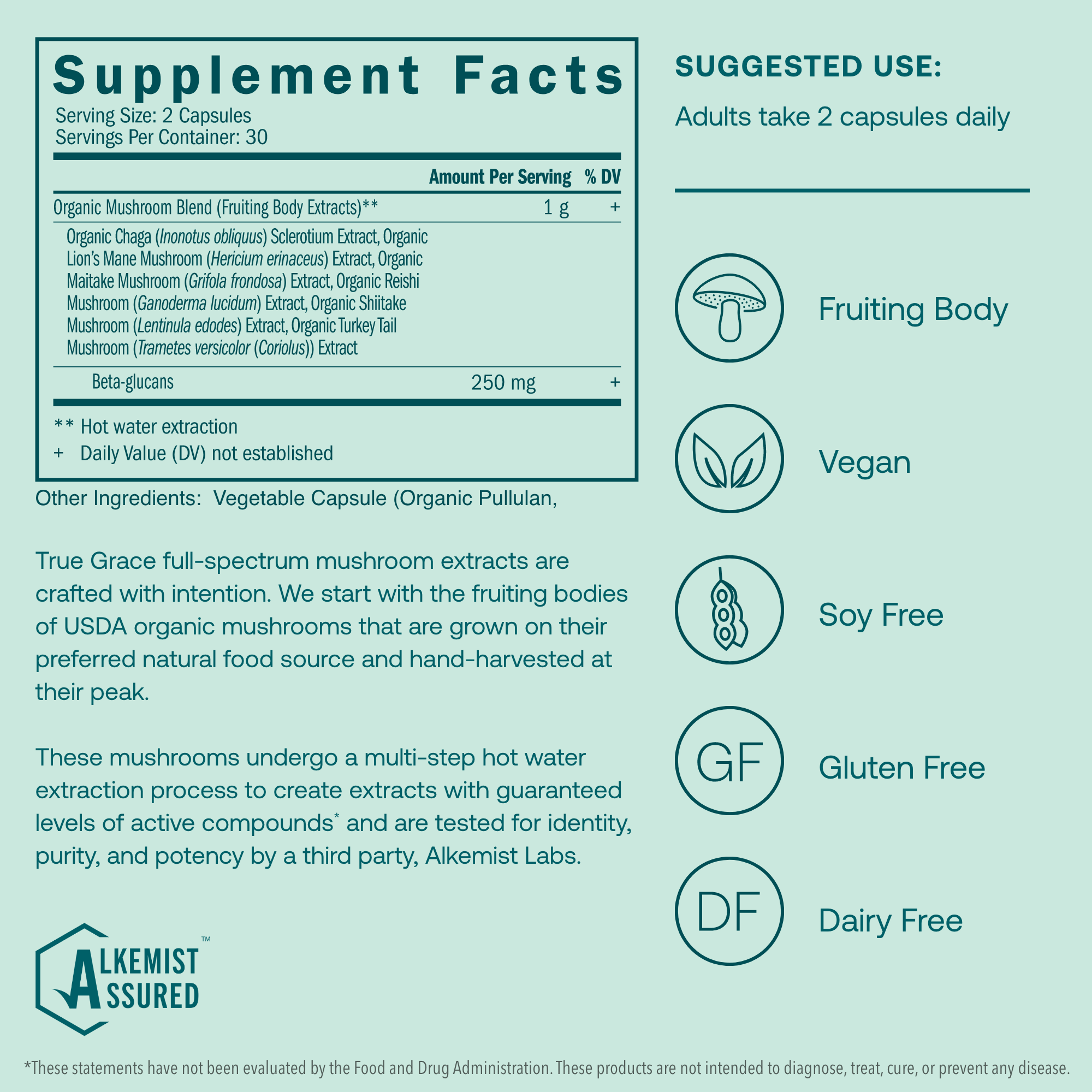 True Grace Myco-Renew supplement facts. They are full-spectrum mushroom extracts are crafted with intention. We start with the fruiting bodies of USDA organic mushrooms that are grown on their preferred natural food source and hand-harvested at their peak. 

These mushrooms undergo a multi-step hot water extraction process to create extracts with guaranteed levels of active compounds* and are tested for identity, purity, and potency by a third party, Alkemist Labs. 