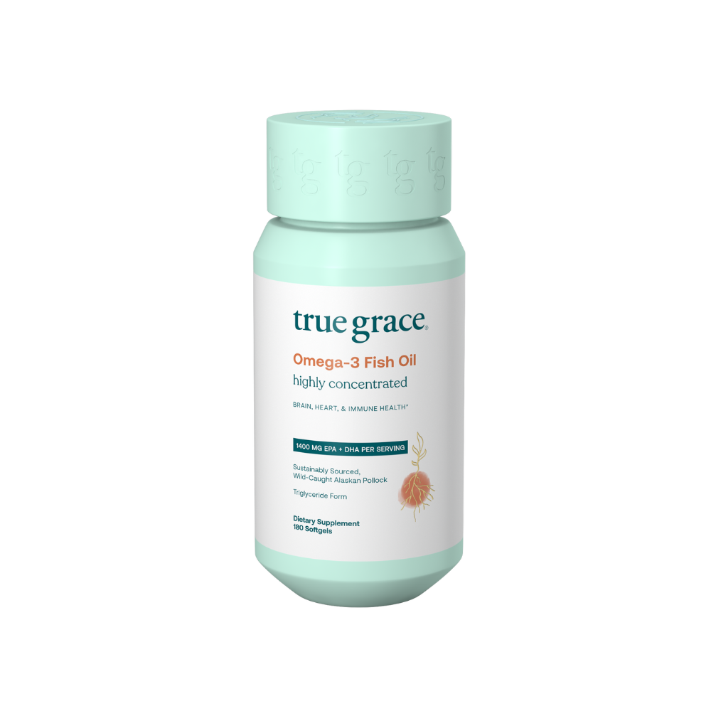 True Grace Omega-3 Fish Oil highly concentrated dietary supplement bottle with 180 softgels on a white background