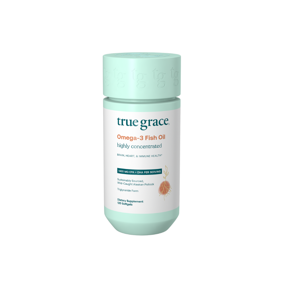 True Grace Omega-3 Fish Oil dietary supplement container for 120 softgels on a white background