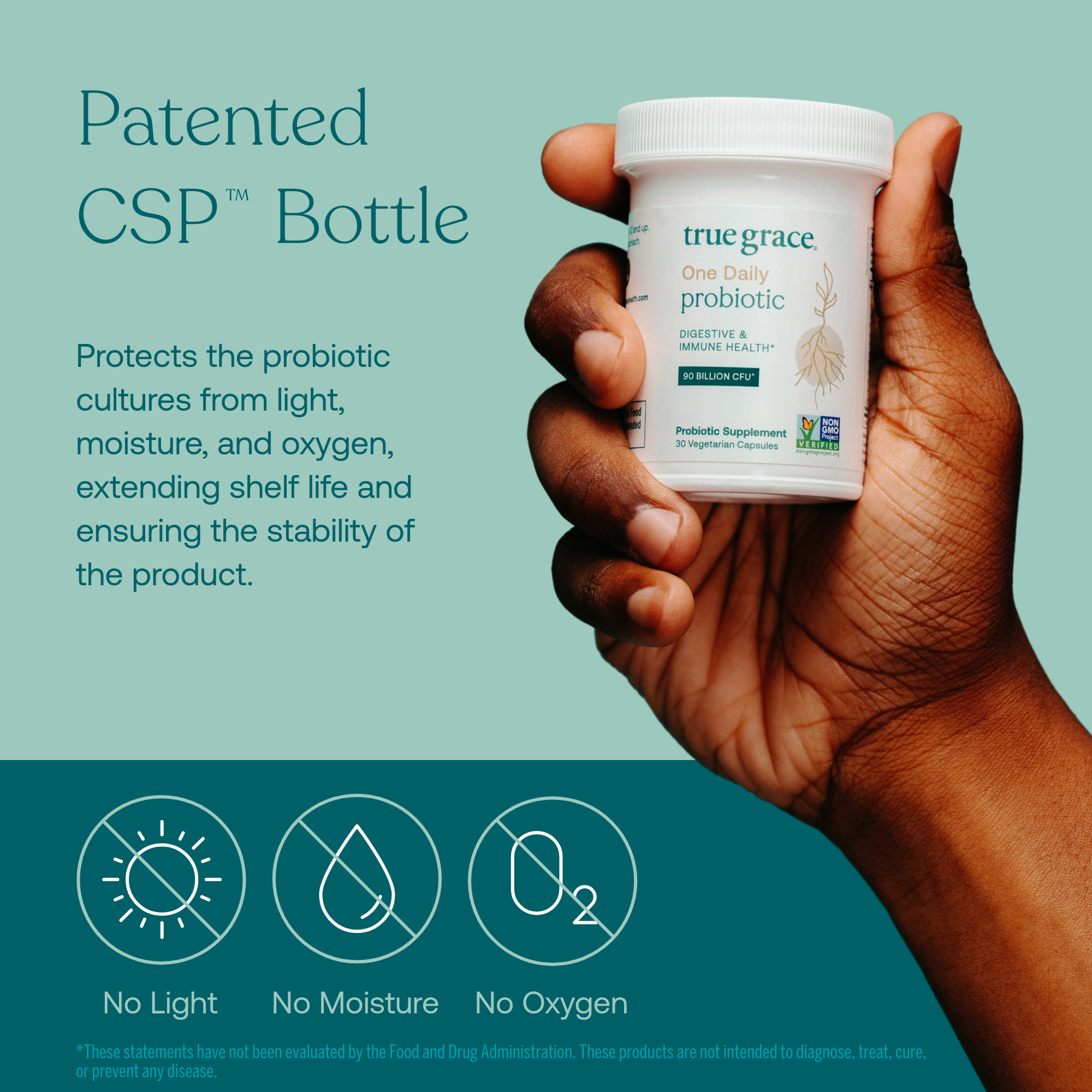 Hand holding a True Grace One Daily Probiotic supplement container with text about patented CSP bottle technology.