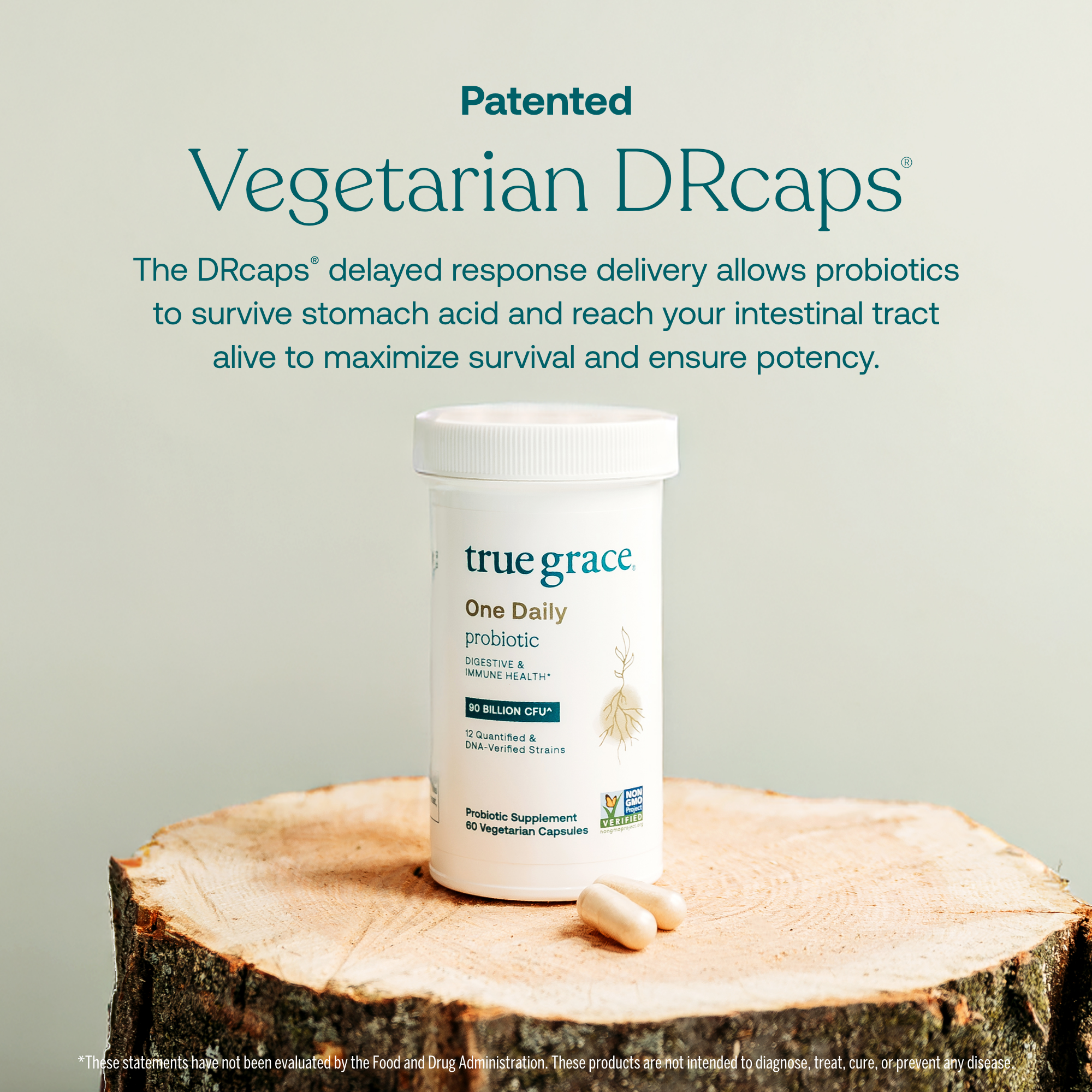 True Grace One Daily Probiotic bottle on a wooden surface with text about DRCaps delayed response delivery system.