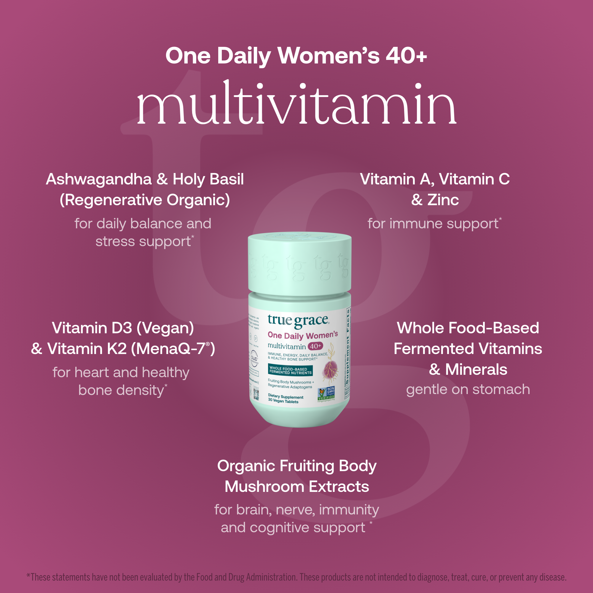 True Grace One Daily Women's 40+ Multivitamin supplement container with product and ingredient details on a purple background